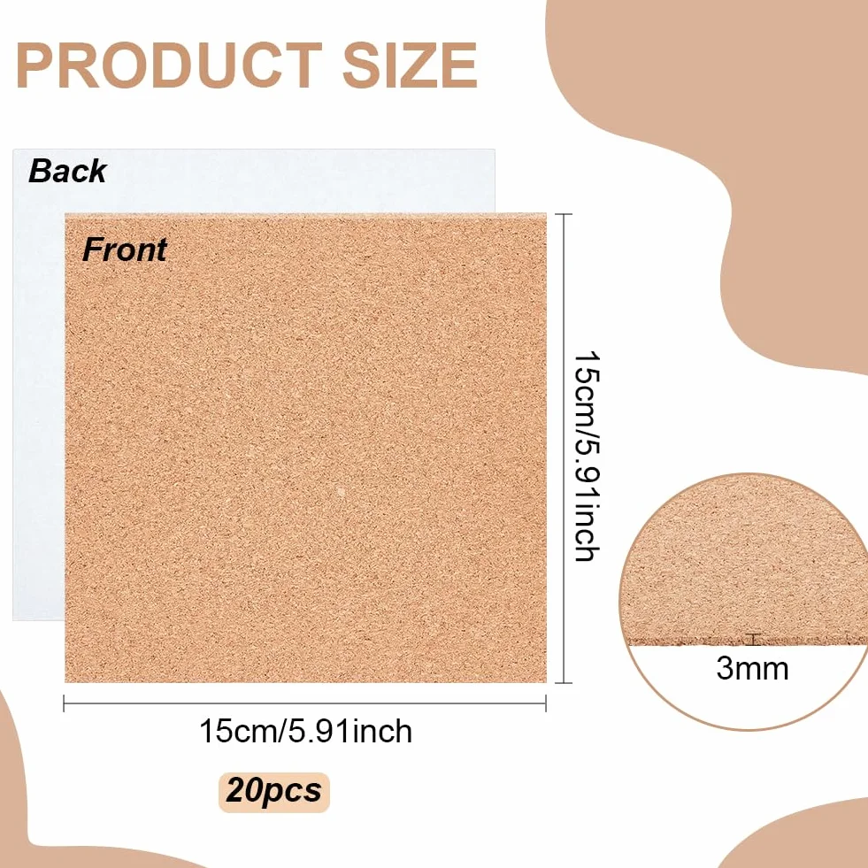BENECREAT 20 Fogli Sughero Autoadesivi 15x15 cm 3 mm Bacheca Tappetino Sottobicchiere Decorazione