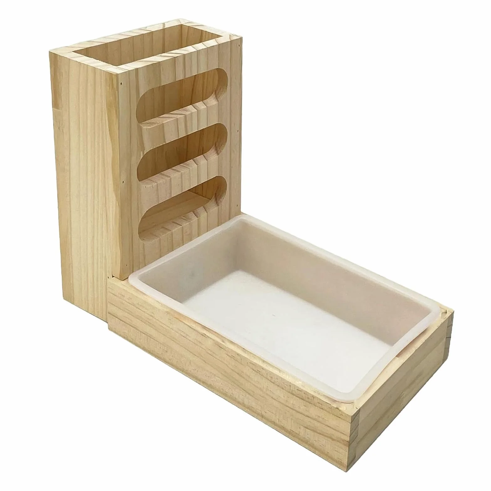 Mangiatoia per fieno in legno per conigli con lettiera. La costruzione di qualità mantiene l'habitat pulito in modo efficiente con la massima capacità di stoccaggio.
