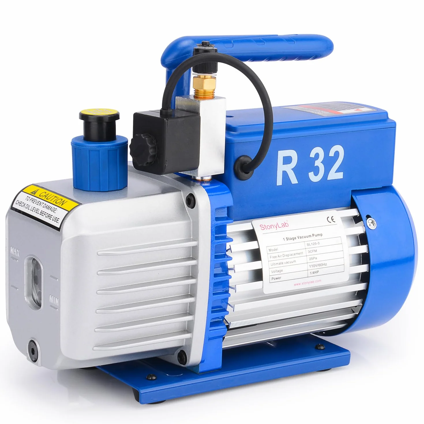 stonylab Pompa per Vuoto Rotativa a Palette, 3,5 CFM 25-30 Pa ¼ Pompa per Vuoto Compatta Monostadio HP con Elettrovalvola per Strumento Aria Refrigerante HVAC AC