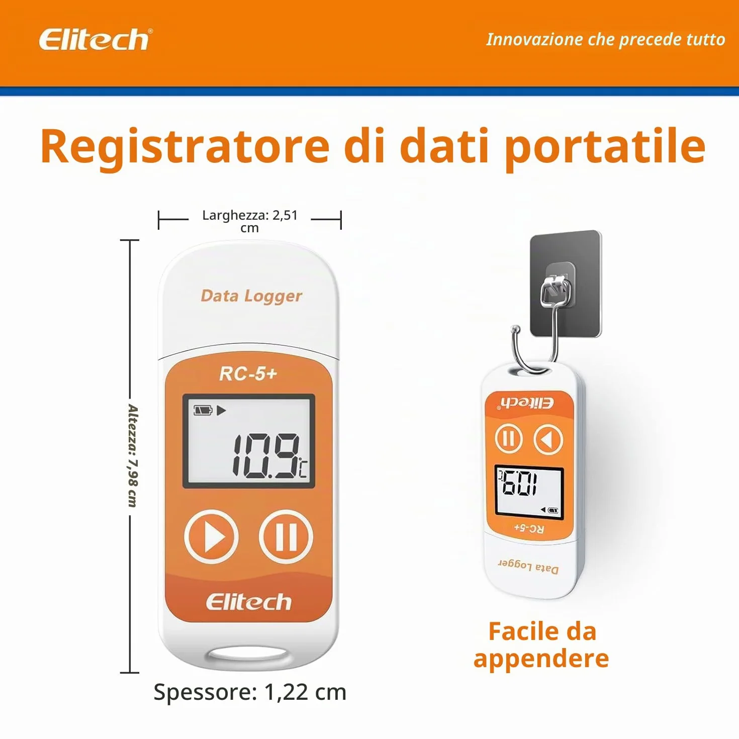 Elitech RC-5+ Data Logger Temperatura USB 32000 Punti PDF CSV Mac PC
