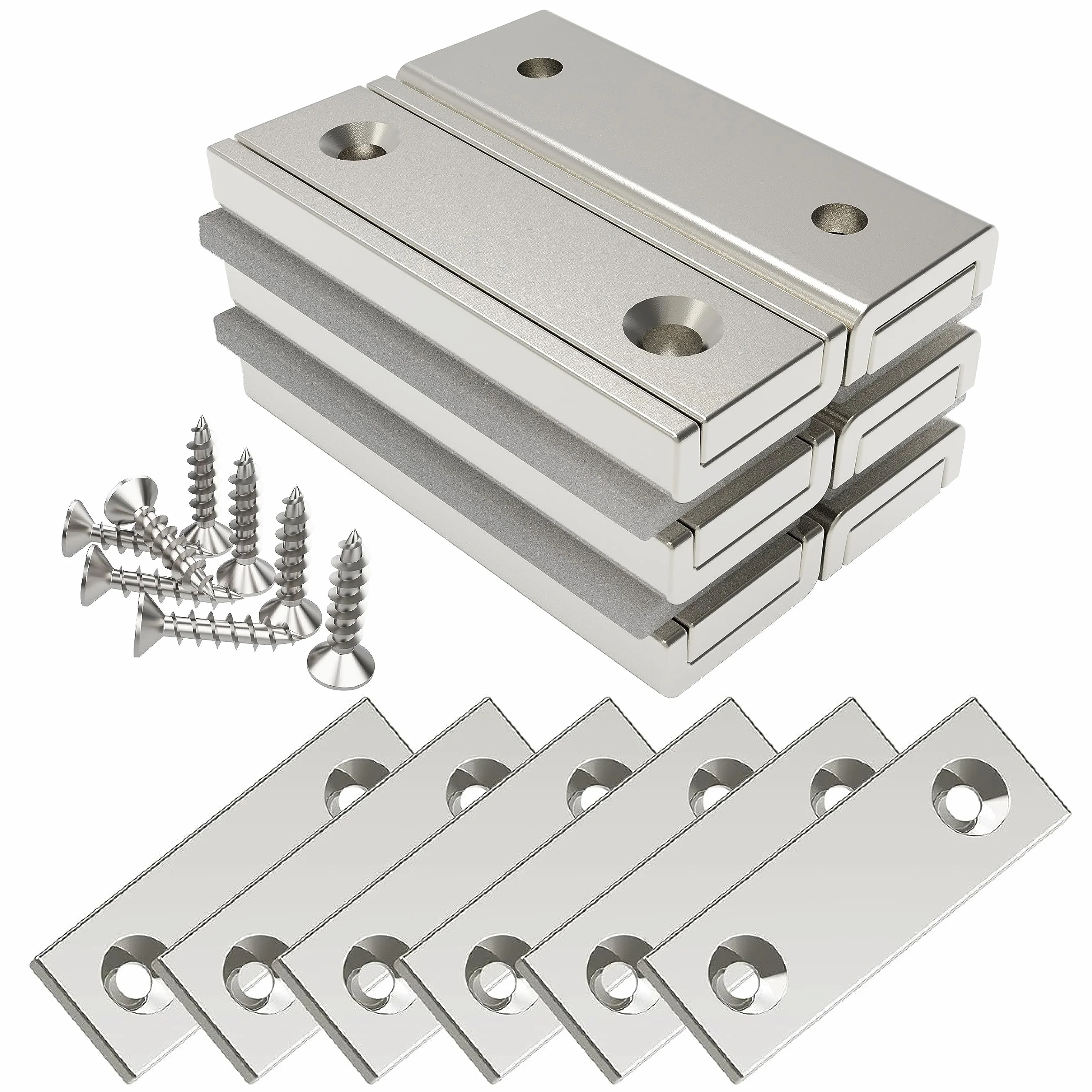 Magnetpro Magneti rettangolari da 6 pezzi 20 KG Kraft 40 x 13,5 x 5 mm con controparti e foro svasato, magnete con base domestico e industriale con viti