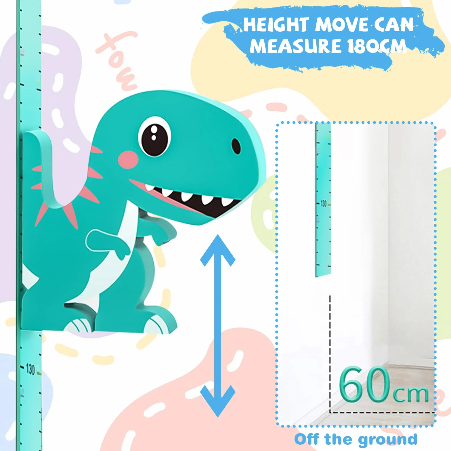 Tabella di misurazione altezza bambino: altimetro dinosauro 3D con penna lavagna bianca e metro a nastro