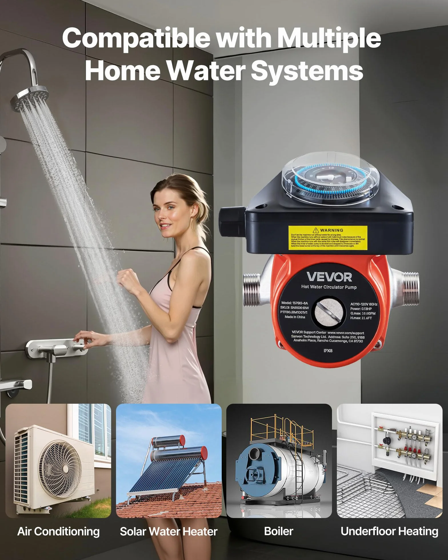 VEVOR Pompa di Ricircolo dell'Acqua Calda 38 L/min 100 W 220-240 V G3/4 G1/2