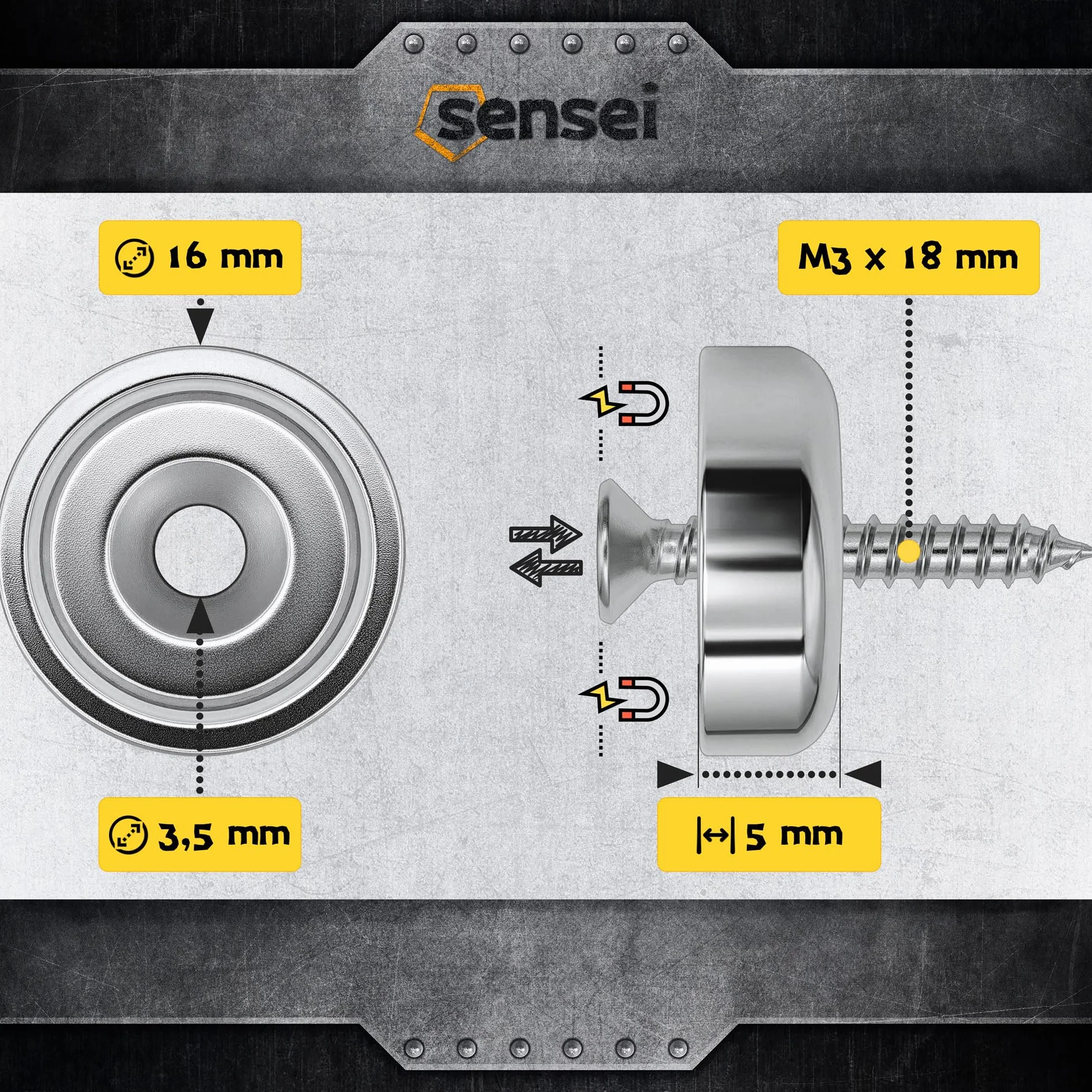 SENSEI Calamite Piatte con Foro (16x5 mm, 6 kg) – Magneti Neodimio per Officina e Utensili – con Viti – Set da 12