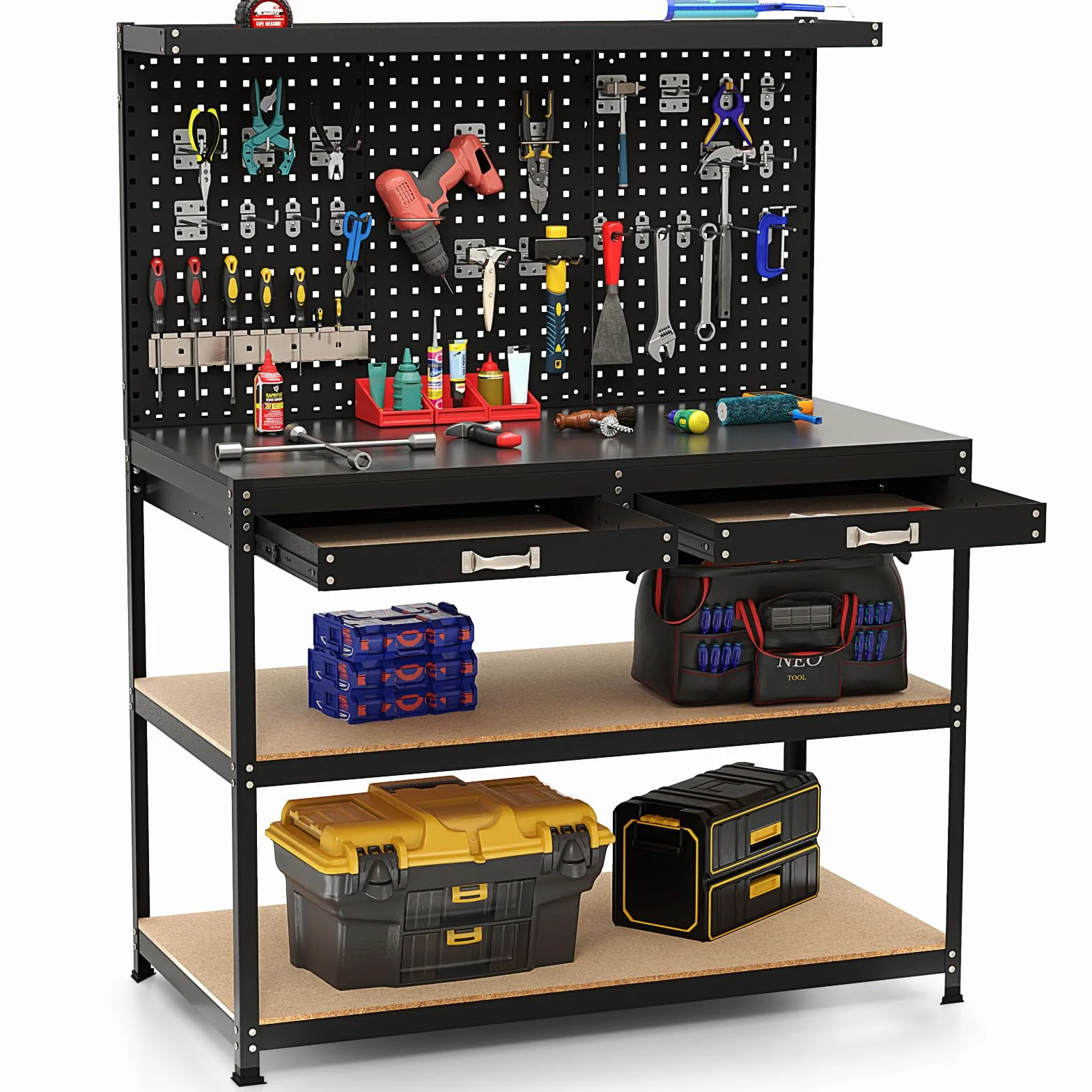 COSTWAY Banco da Lavoro con Piano da 120 x 60 cm, Banco da Lavoro Officina con Pannello Forato e 24 Ganci Porta Attrezzi, Tavolo da Lavoro per Garage con 2 Cassetti e 2 Mensole (Nero)