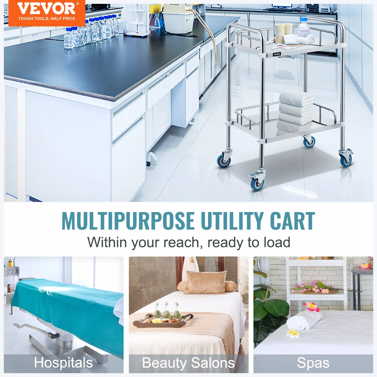 VEVOR Carrello da Laboratorio, 2 Strati Carrello Medico in Acciaio Inox, con 4 Ruote a 360° 2 Freni, Argento, per Ospedale, Farmacia ed Estetica, Laboratori, Salone di Bellezza, Centro di Ricerca
