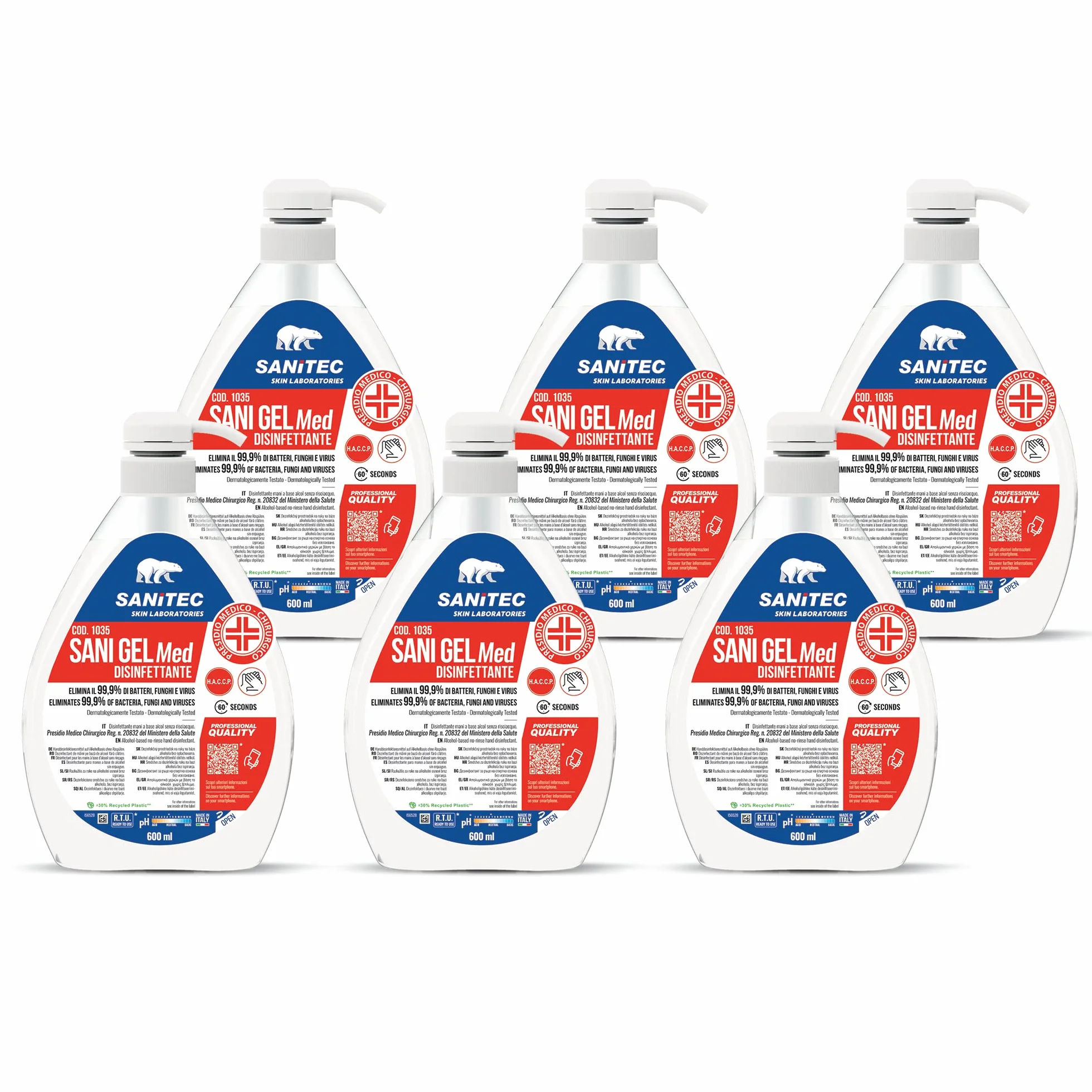 Sanitec Sani Gel Med Disinfettante Mani a Base di Alcol senza Risciacquo 6x600 ml