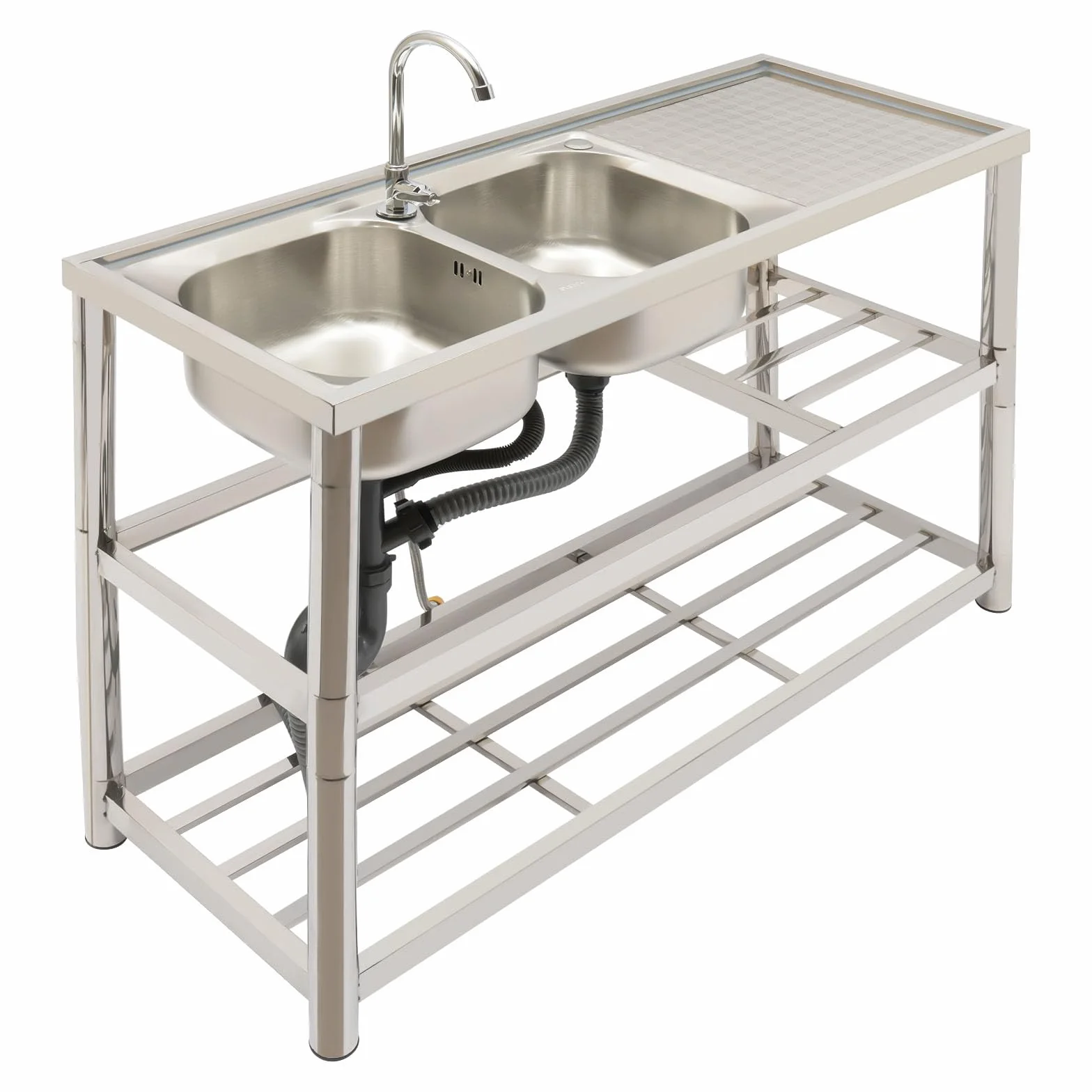 Lavabo in acciaio inox autoportante, capacità di carico 220 lbs, mobile lavello da cucina con rubinetto girevole a 360°, 120 x 45 x 80 cm, lavello commerciale con 2 vasche per ristorante, bar