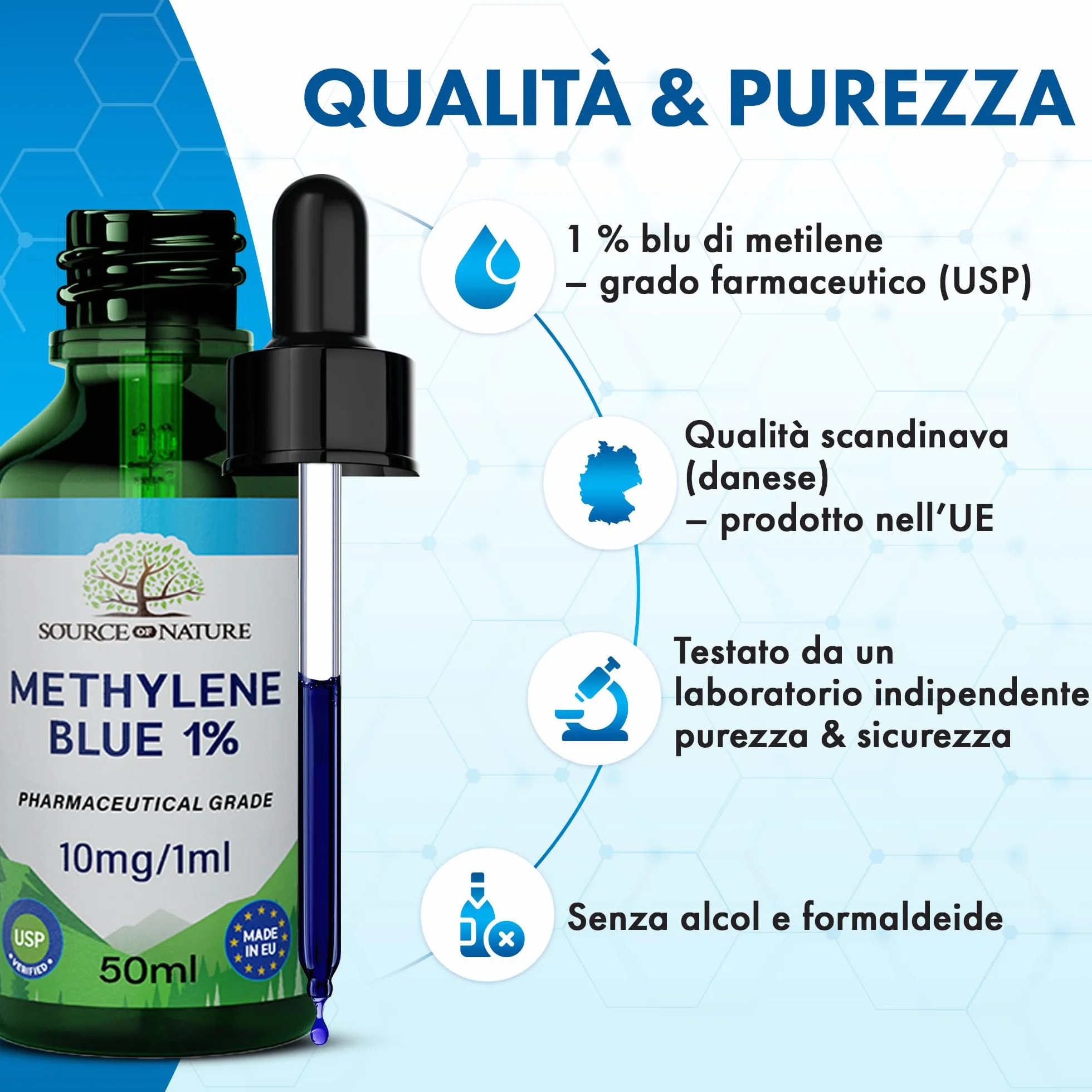 Blu di Metilene (Metilene Blu) 1% Soluzione | 50 ml Flacone con Pipetta | Qualità Farmaceutica USP | Alta Purezza | Senza Alcol e Formaldeide | Vetro Scuro Protettivo