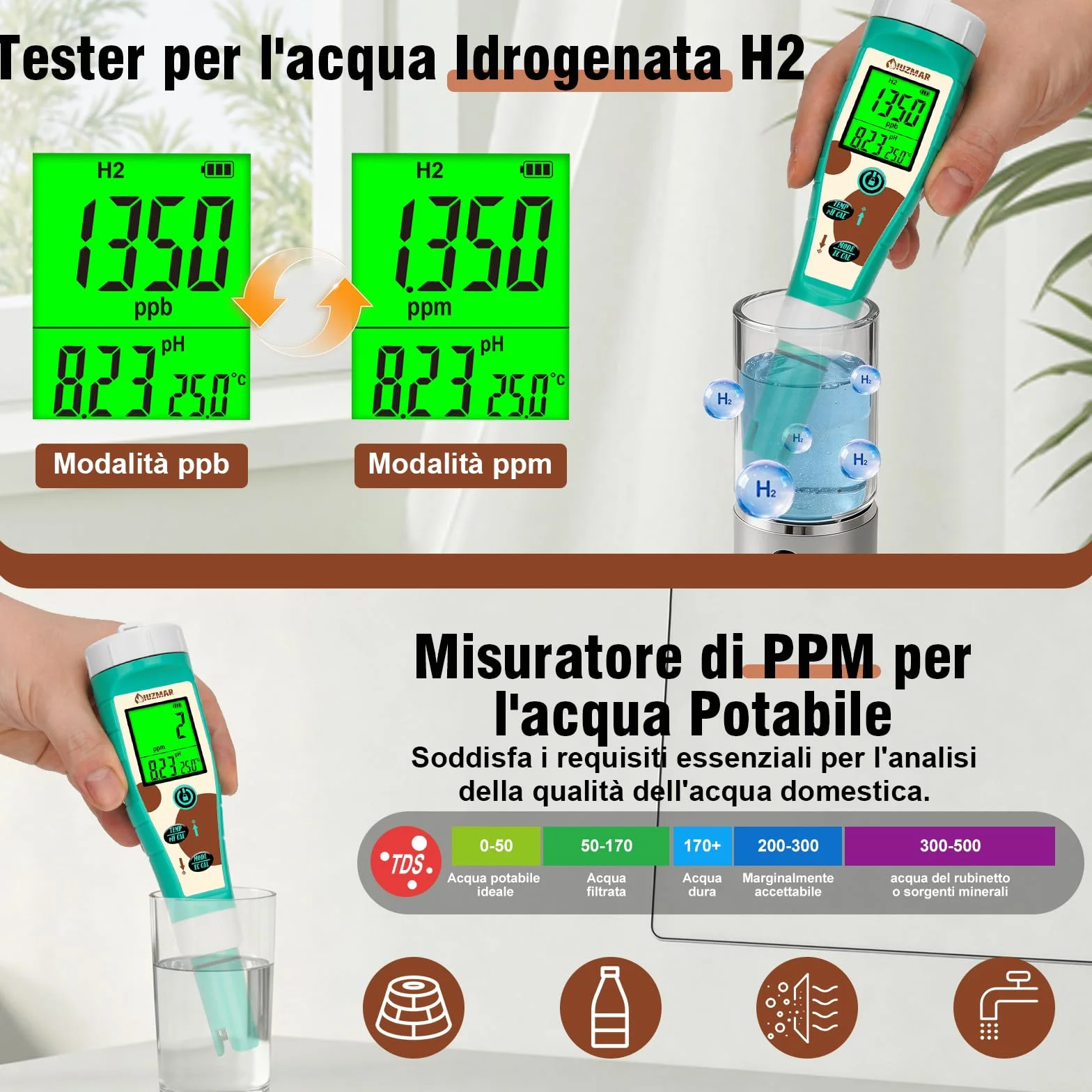 UIUZMAR Misuratore di pH e Sale cloro per piscina, Tester di pH e ORP per Idrogeno per Acqua Potabile, 8 in 1 pH, Sale, Cloro, H2, ORP, EC, TDS, Temperatura per Idroponica, Acquario