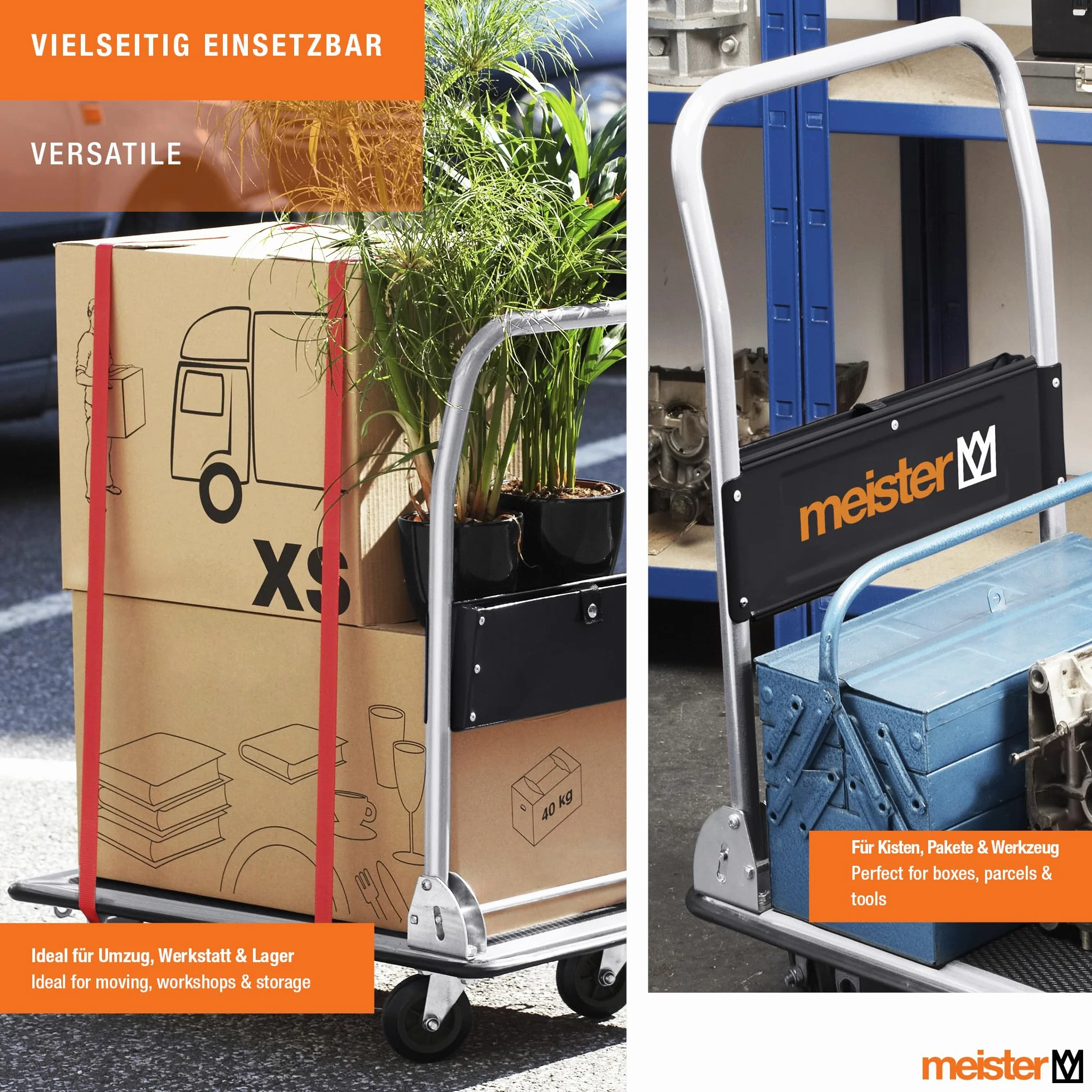 Meister Carrello piattaforma pieghevole - Portata 150 kg - Freno stazionamento / Trasporto ruote girevoli / Pacchi antiscivolo / Carrello acciaio pieghevole / 8985530