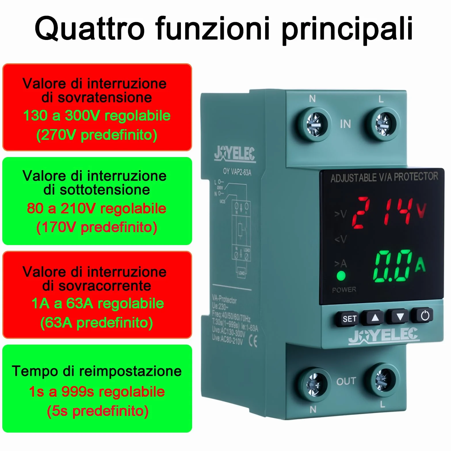Protettore di sovratensione e sottotensione，Stabilizzatore di Tensione,Dispositivo AC230V protezione da sovratensione Relè di ripristino regolabile Voltmetro 63A Protezione sovracorrente