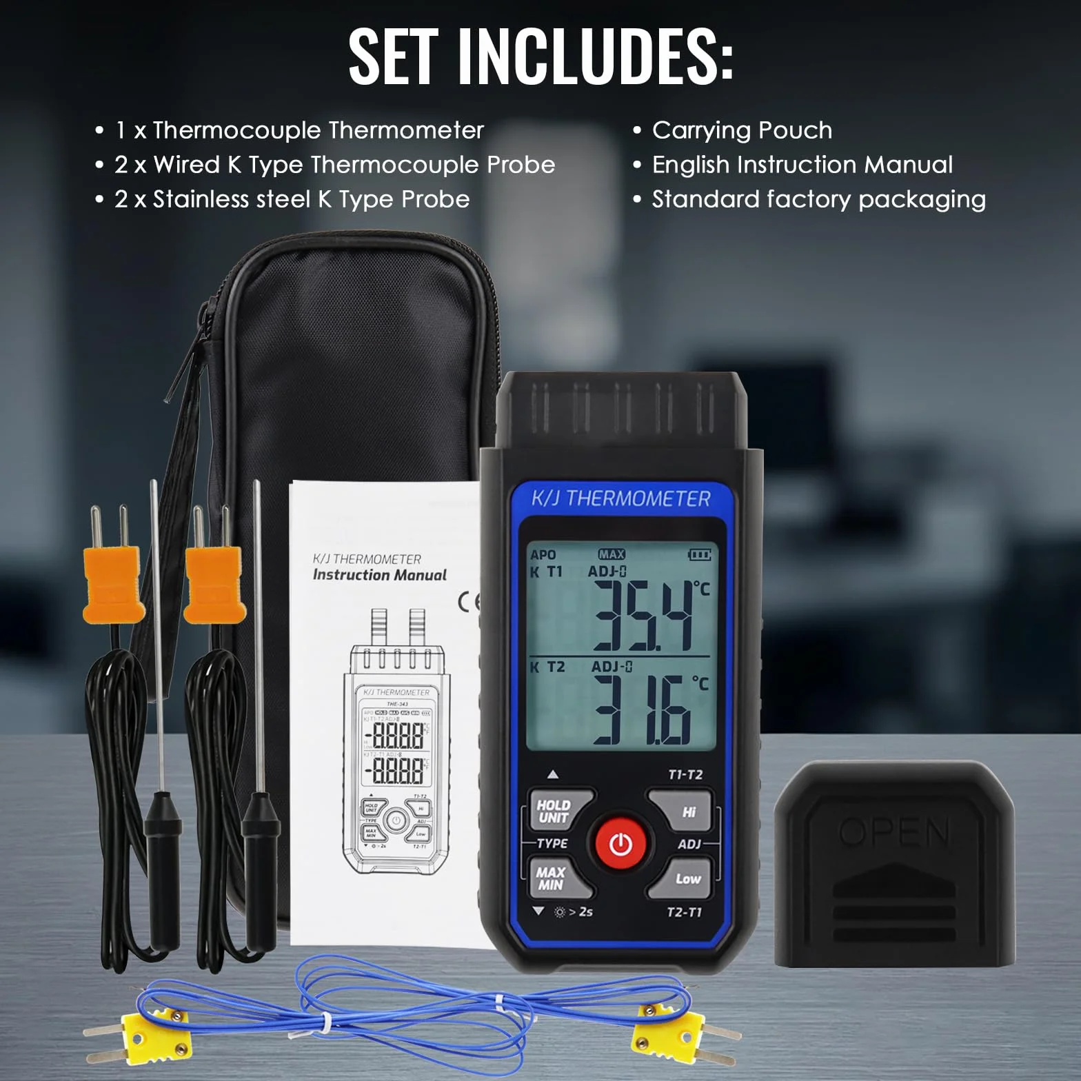 Termometro a termocoppia tipo K/J a due canali 4 sonde -200 a 1372°C misuratore temperatura CVC ATC