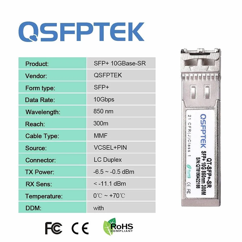 QSFPTEK 10GBASE-SR SFP+ Modulo 10G 850nm 300M DDM LC Multimode Compatibile Cisco SFP-10G-SR