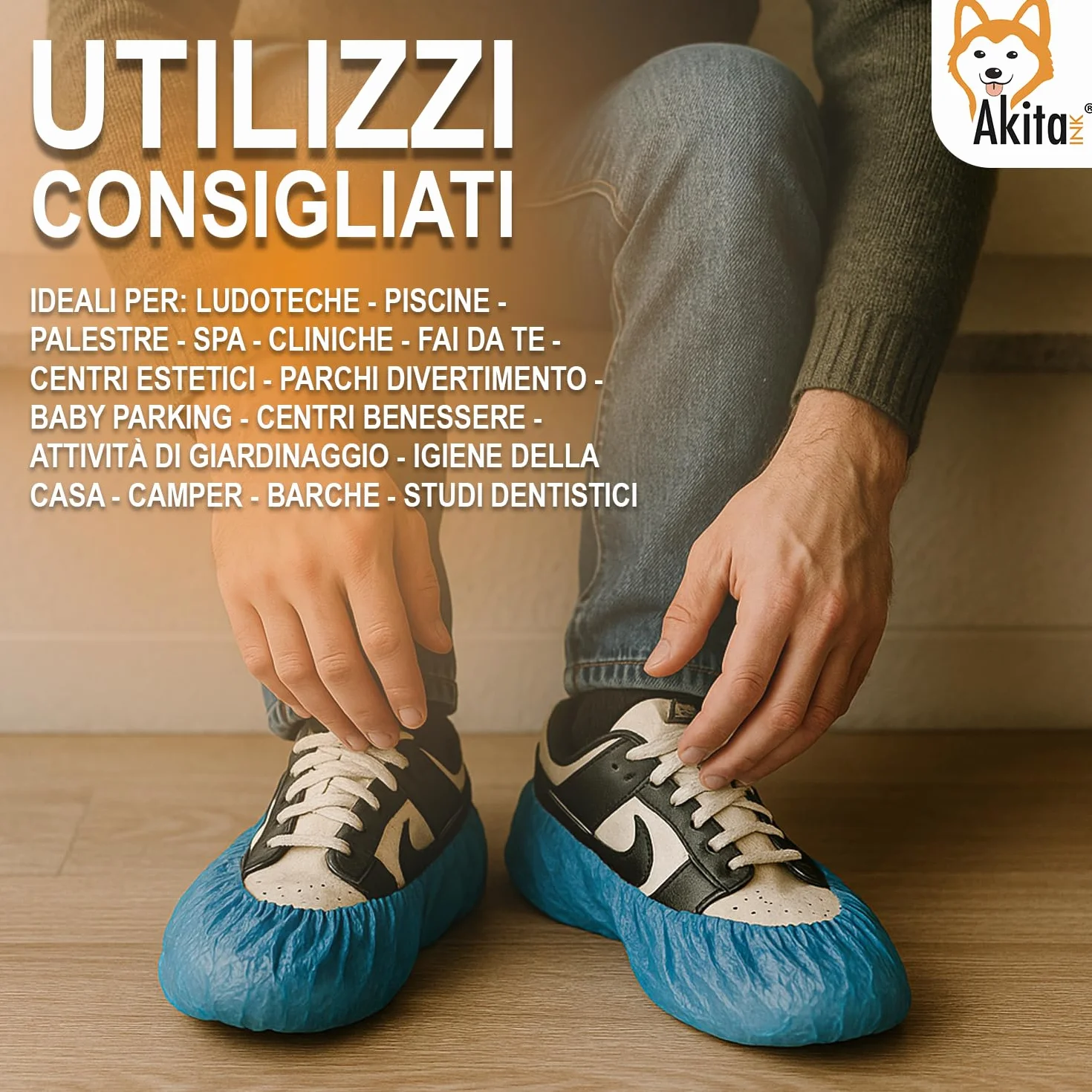Copriscarpe Monouso in CPE AKITAInk – Blu, Suola Goffrata, Taglia Unica Fino al 48, Impermeabili, DPI per Pulizia