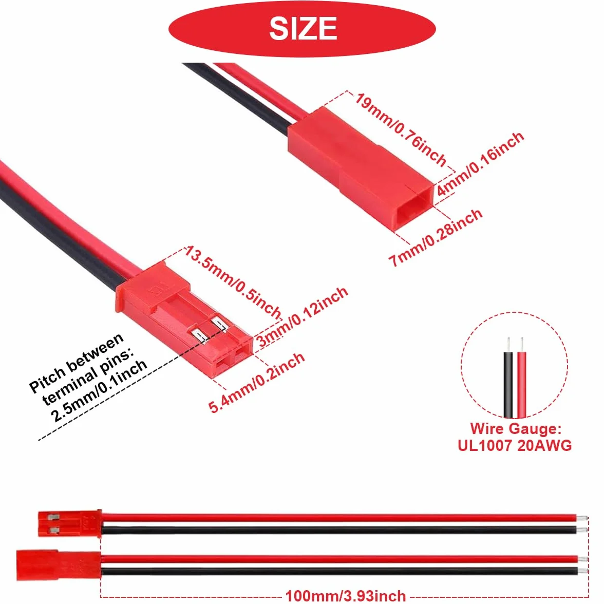 JST SYP - Cavo connettore maschio e femmina da 2,5 mm, 2 pin, 15 paia, con UL1007 20AWG 100 mm, rosso e nero, cavo e tubo termorestringente per striscia di lampade a LED, giocattoli