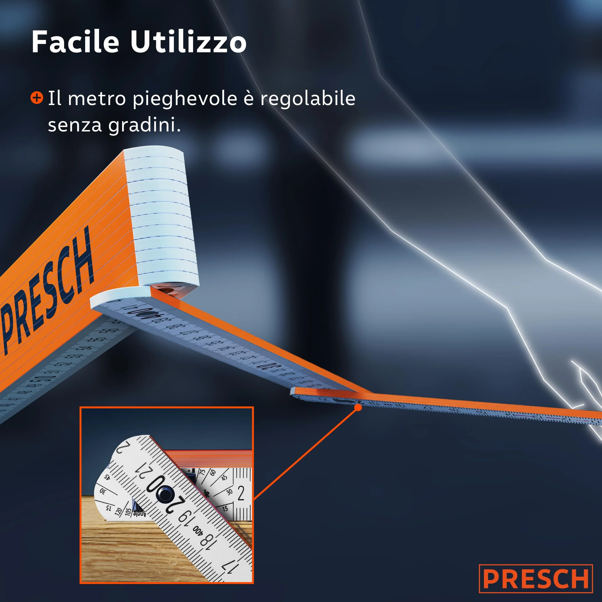 Presch Metro Pieghevole da 3 Metri con Scala degli Angoli - Legno Arancione - Numeri Grandi - Metro Righello con Motivo Strumenti