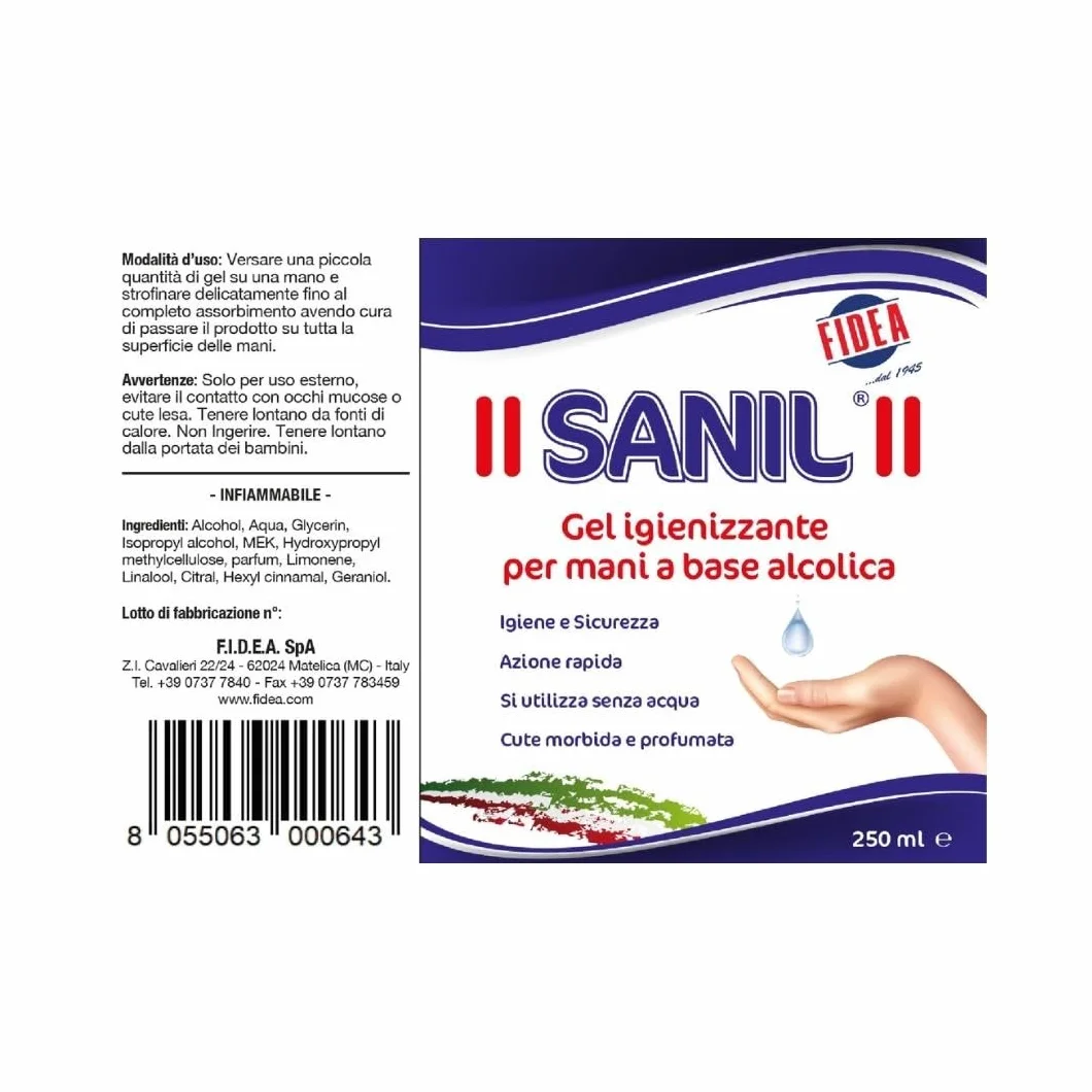 Fidea Sanil Gel Igienizzante Mani Professionale a Base Alcolica, Igiene Sicura e Profonda Senza Acqua, deterge a fondo la pelle - dermatologicamente testato (250 ml)