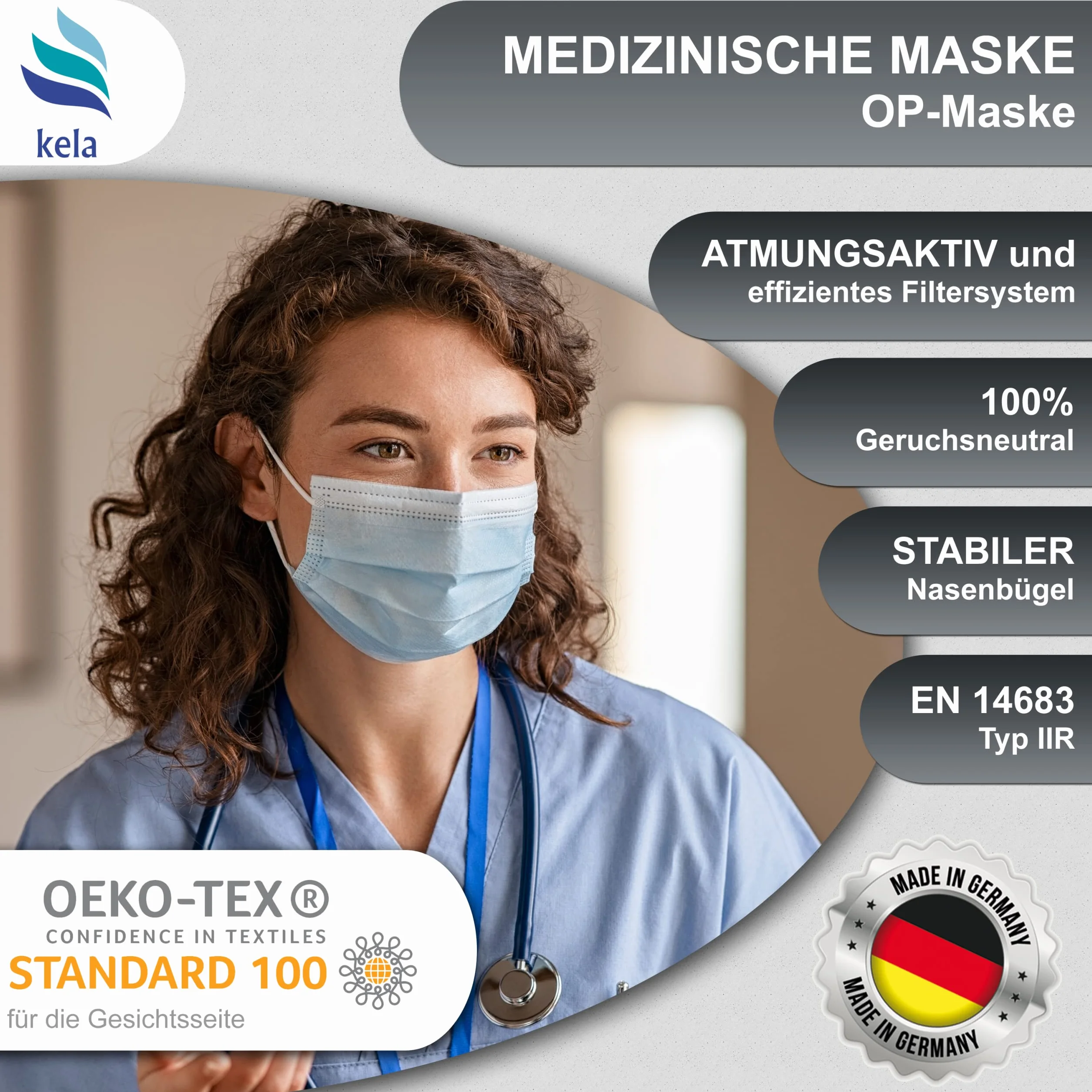 Kela maschere OP nero 100% Made in Germany maschera medica usa e getta certificazione CE DIN EN 14683 tipo II BFE > 98% 3 strati (50)