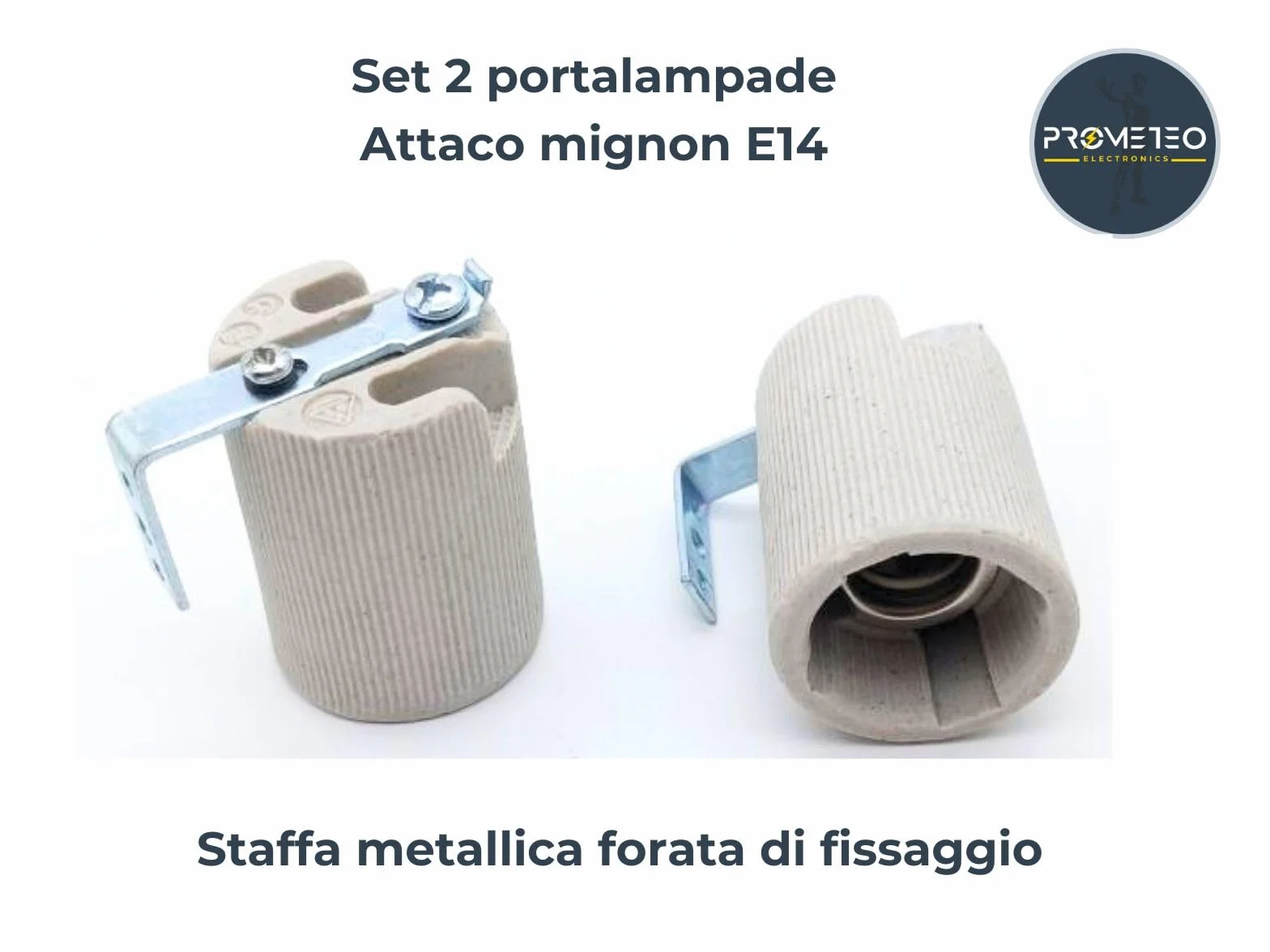 Set 2 portalampade E14 in ceramica porcellana con staffa metallica di fissaggio laterale