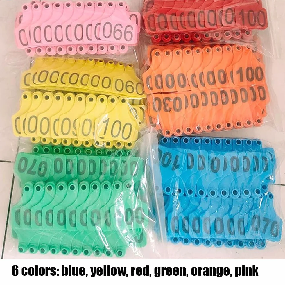 400 pezzi di marche auricolari per bestiame in PE per capre, bovini, ovini, suini, cani, cervi, allevamenti con numero 001-100/101-200/201-300/301-400 (blu, giallo, rosso, verde, arancione, rosa)