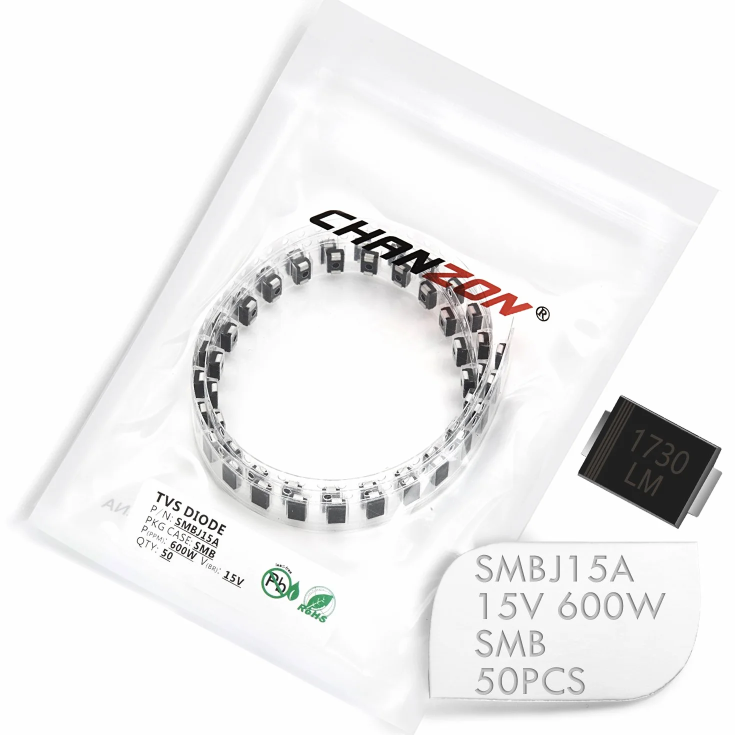 Chanzon Diodi SMD TVS SMBJ15A 600W 15V SMB DO-214AA Unidirezionale Confezione da 50 pezzi