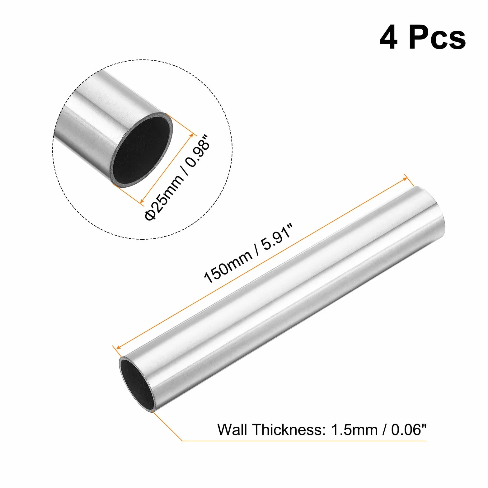 QUARKZMAN 4pz 304 Inossidabile Acciaio Tubo OD 25mm X 1.5mm Parete Spessore 150mm Lunghezza