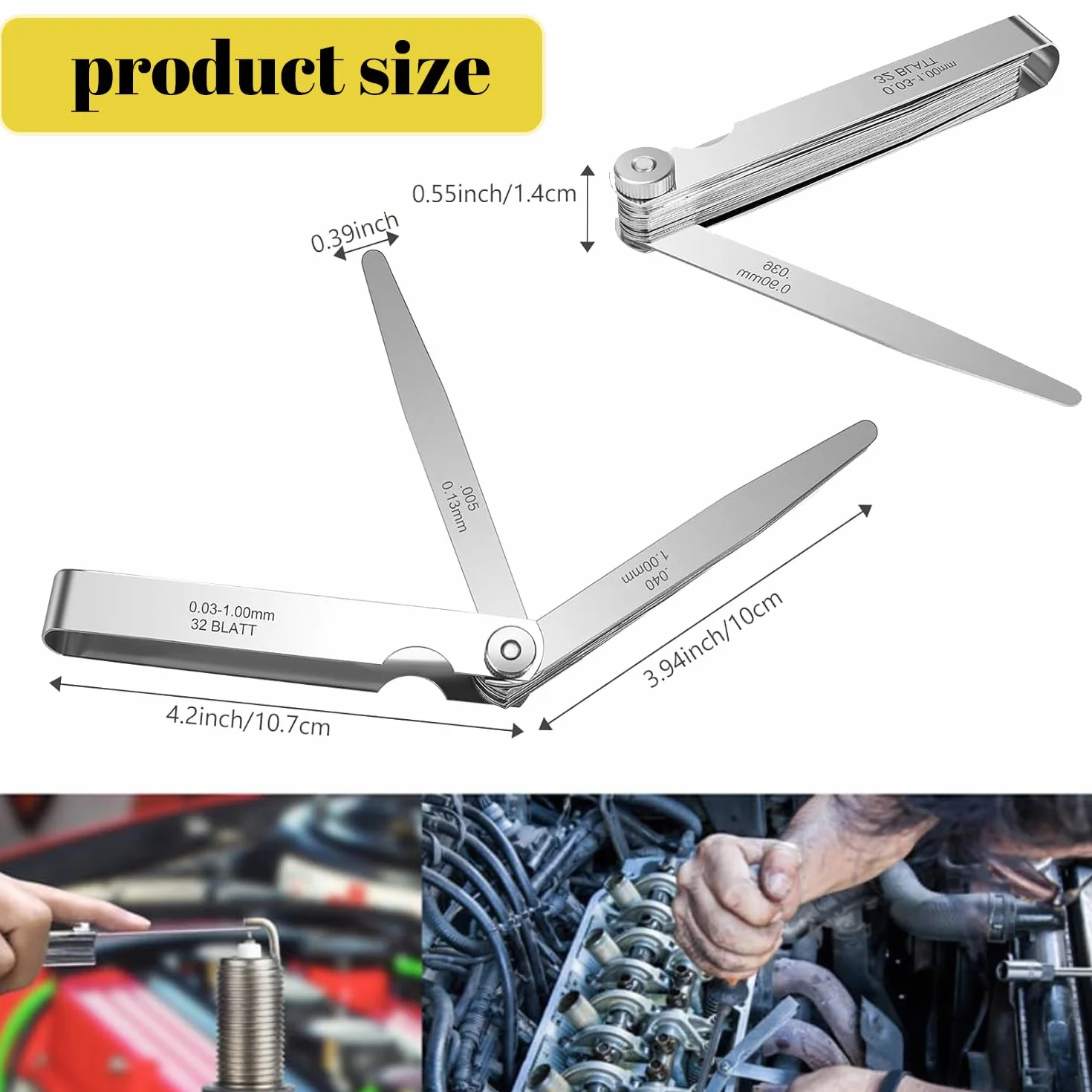 Spessimetro a Lamelle 32 Lame 0,03-1,00mm 0,001-0,04" Acciaio Misurazione Spessore