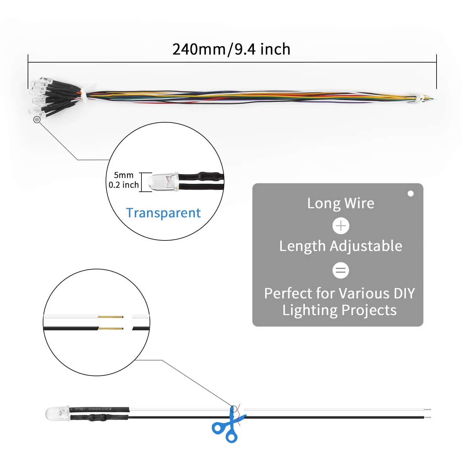 DiCUNO 100pcs diodi LED bianco caldo da 5 mm con cavo da 24-25 cm (240-250 mm), luce precablata a LED 12V, con resistenza da 550Ω