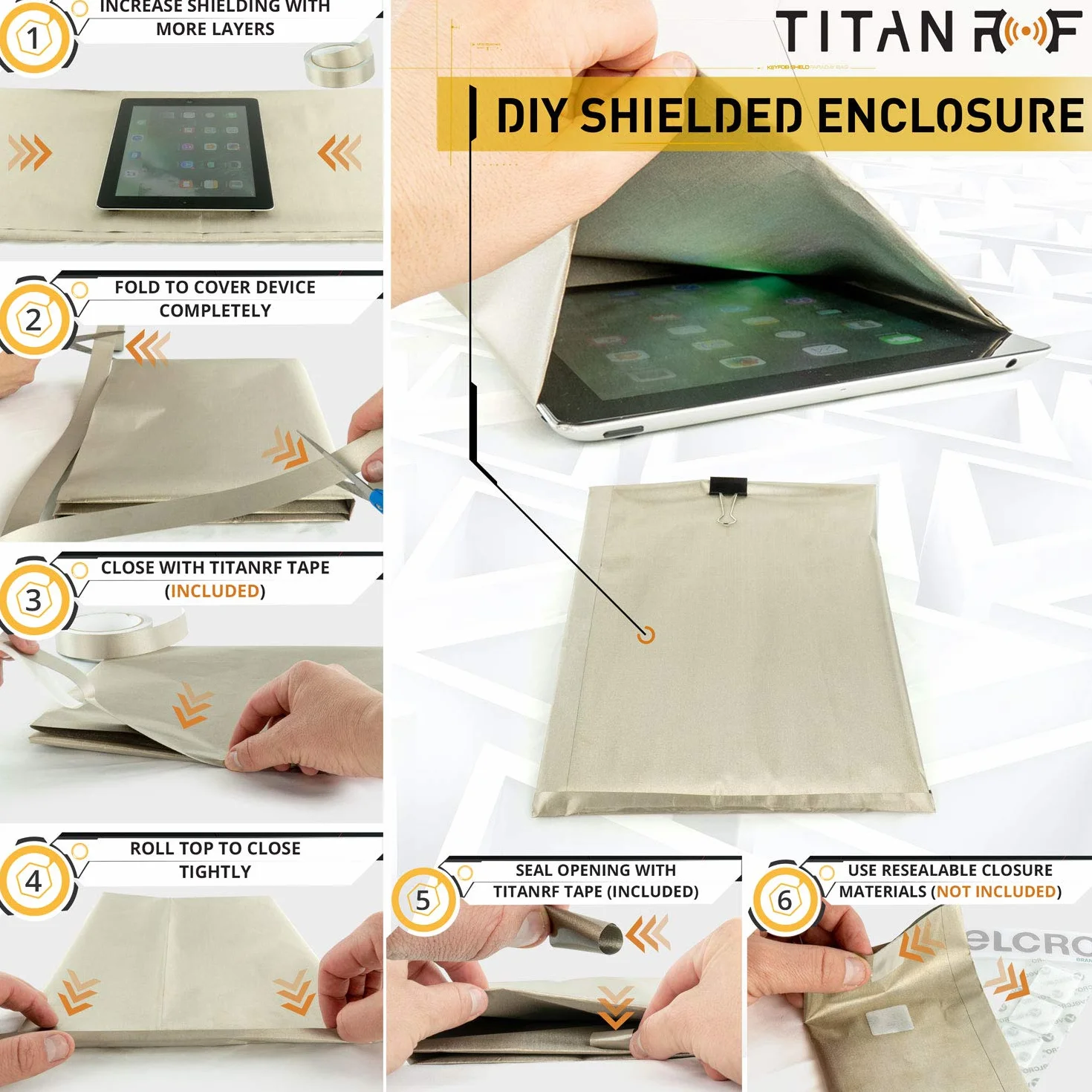 TitanRF Faraday Fabric 44" x 36" (.91m x 1.1m) + Extra 36" TitanRF Tape! Military Grade Certified Material Blocks RF Signals (WiFi, Cell, Bluetooth, RFID, EMF Radiation Shielding)