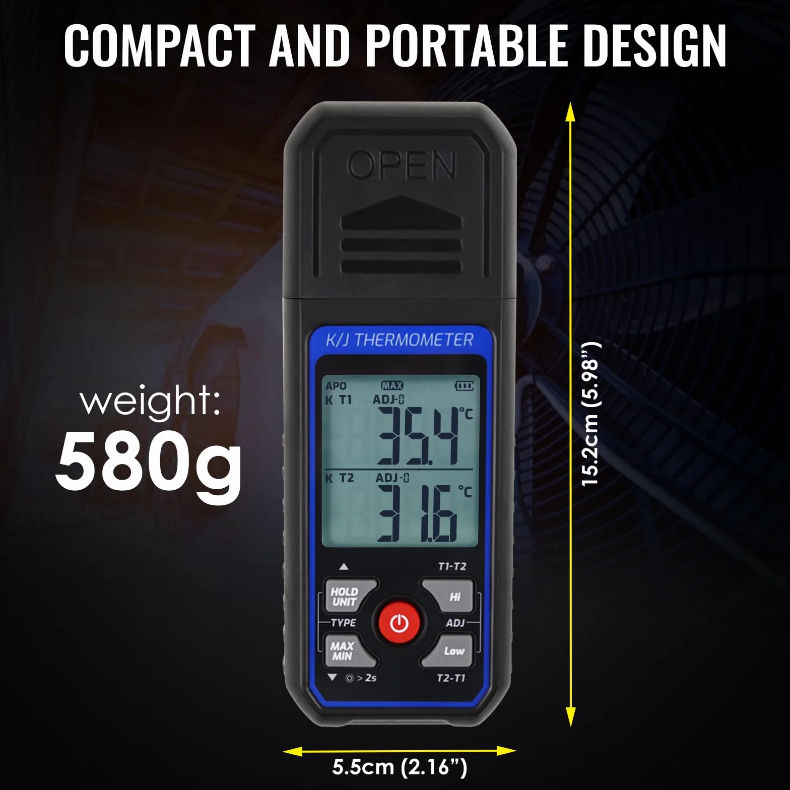 Termometro digitale a doppio canale tipo K/J con 4 termocoppie, campo -328~2501℉, strumento di misurazione temperatura HVAC con allarme