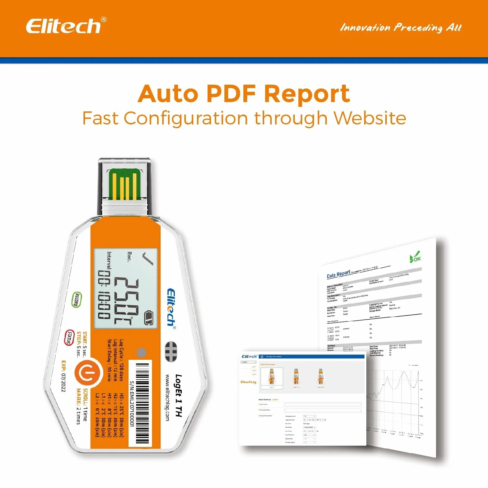 Elitech Registratore di Temperatura USB Monouso WHO PQS Calibrazione Report PDF 120 Giorni Trasporto e Display LCD Per Catena del Freddo LogEt1 – 1 Pezzo