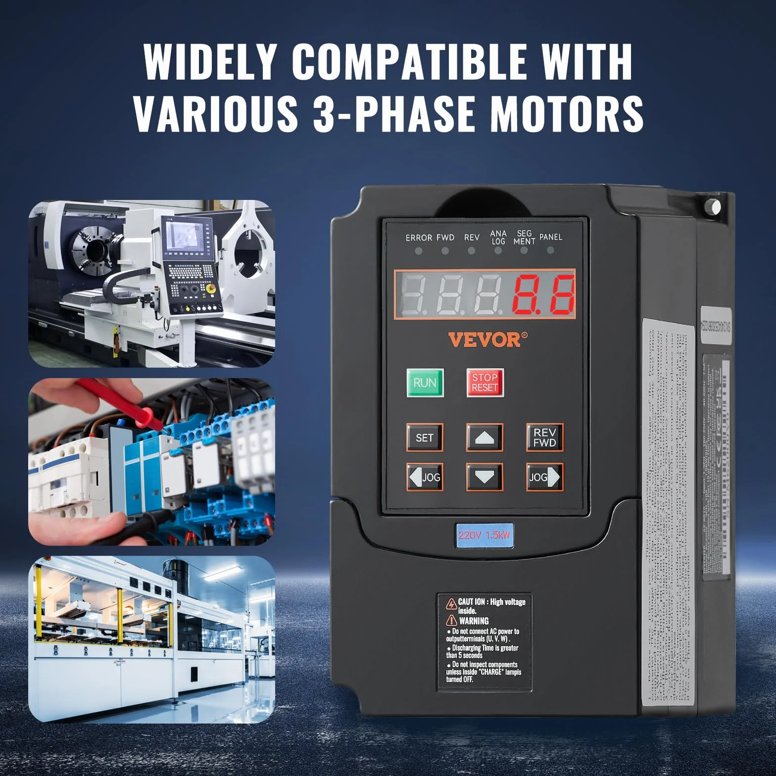 VEVOR VFD 2PS, 1,5KW, 7,5A, Ingresso 220 V Monofase Trifase a Uscita 220 V Trifase Azionamento a Frequenza Variabile, Ingresso 40-60 Hz, Uscita 0-400 Hz VFD per Controllo Velocità CNC Motore Mandrino