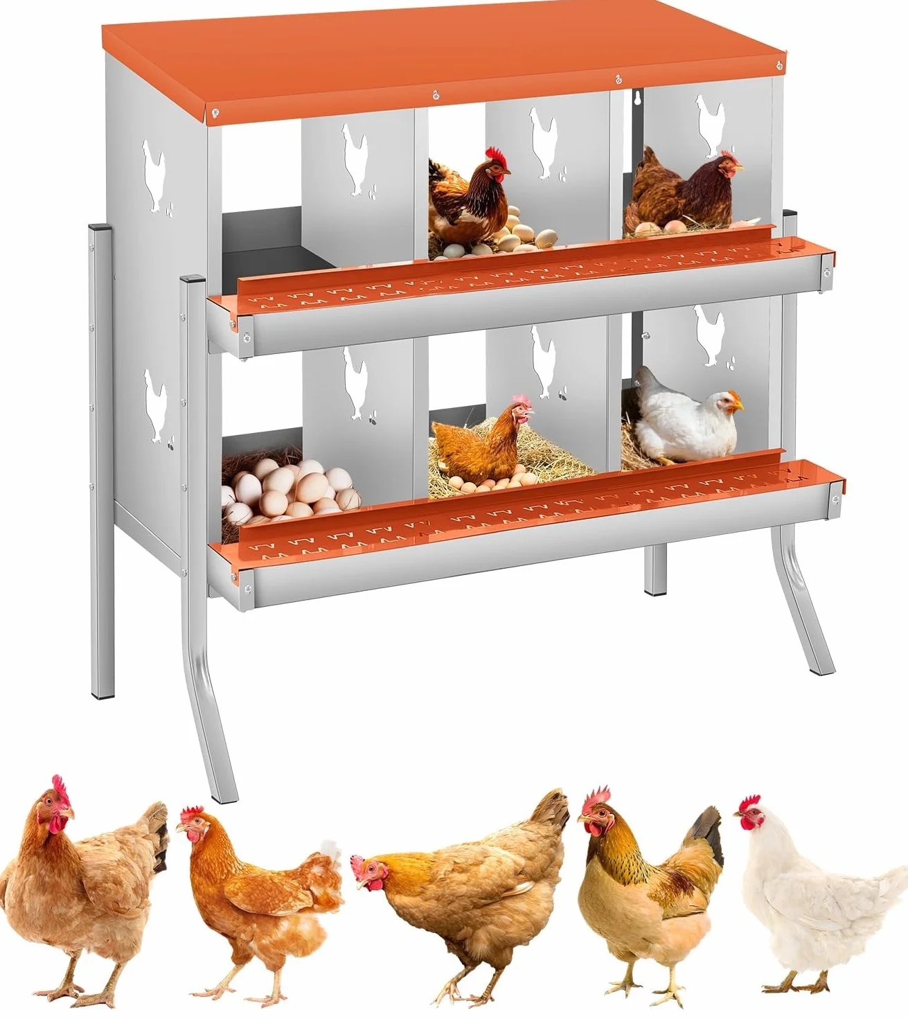 Garvee Scatola nido per galline in acciaio zincato antiruggine - 6 griglie ZW, due livelli, vassoio rimovibile - Fori di ventilazione, montaggio a parete - Rosso