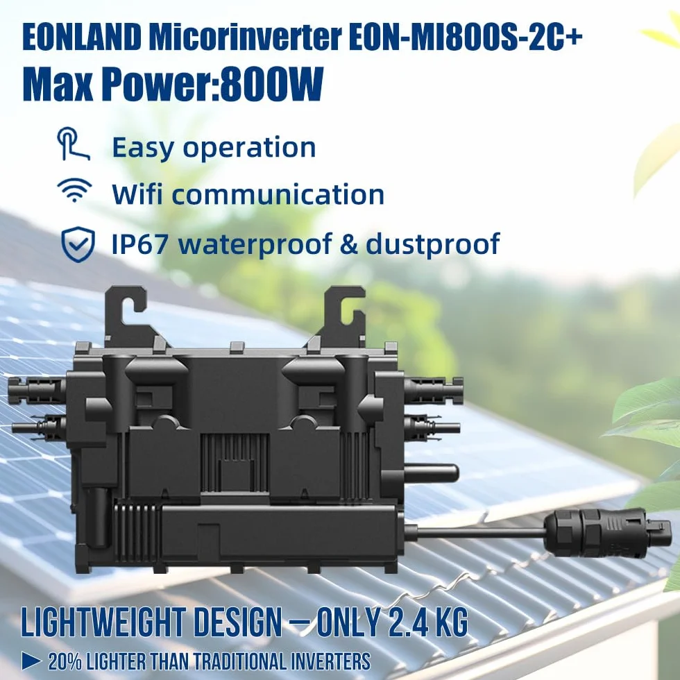 EON-MI800S - Micro inverter 800 W, doppio MPPT, 16-60 V DC, controllo app WiFi e Bluetooth, plug & play, IP67, certificato VDE, leggero, ideale per centrali elettriche da balcone