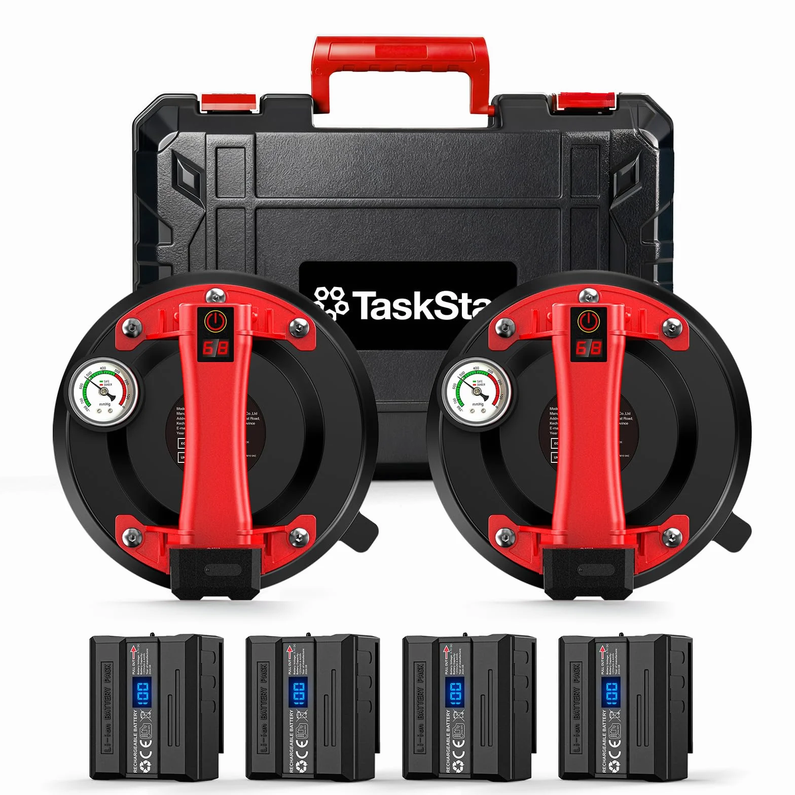 Ventosa per Piastrelle con Manometro, Ventosa Elettrica per Vetro-270KG di Aspirazione-Batteria da 4 x 2400mAh-Ventosa per Sollevamento Vetro, Granito, Piastrelle, Metallo (Rosso)