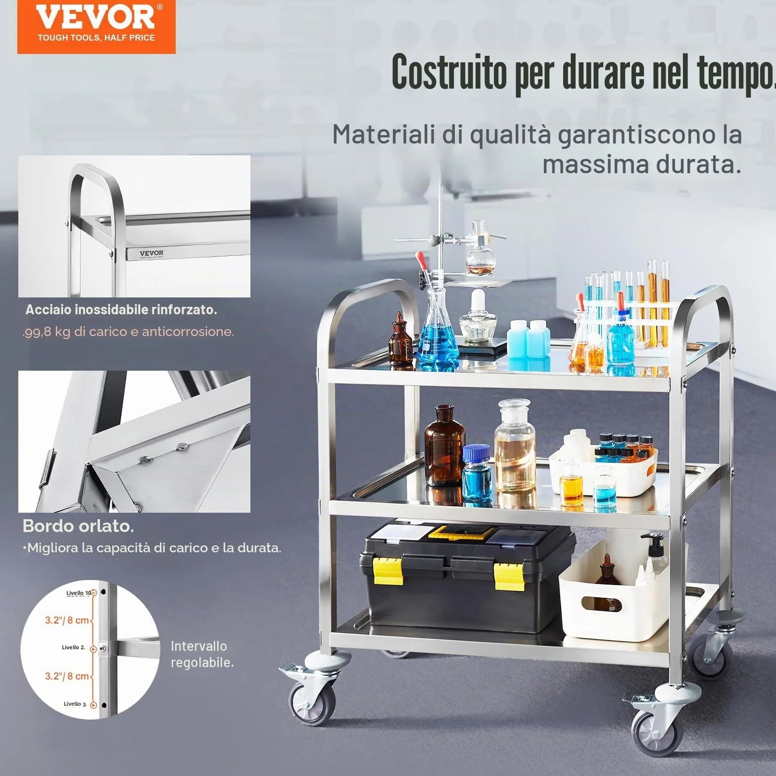 VEVOR Carrello da Laboratorio in Acciaio Inox 3 Ripiani 100 kg 740x396x860 mm