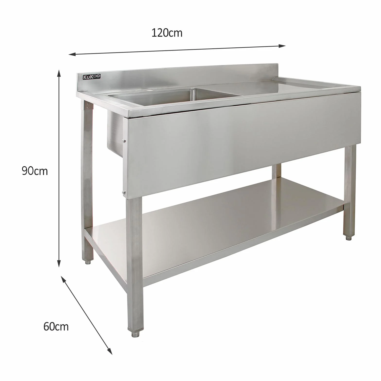 Lavello per ristorazione in acciaio inox cucina commerciale ristorante bar utility 90x120x60cm scolapiatti a sinistra a libero posizionamento ripiano inferiore regolabile Drenaggio a Sinistra