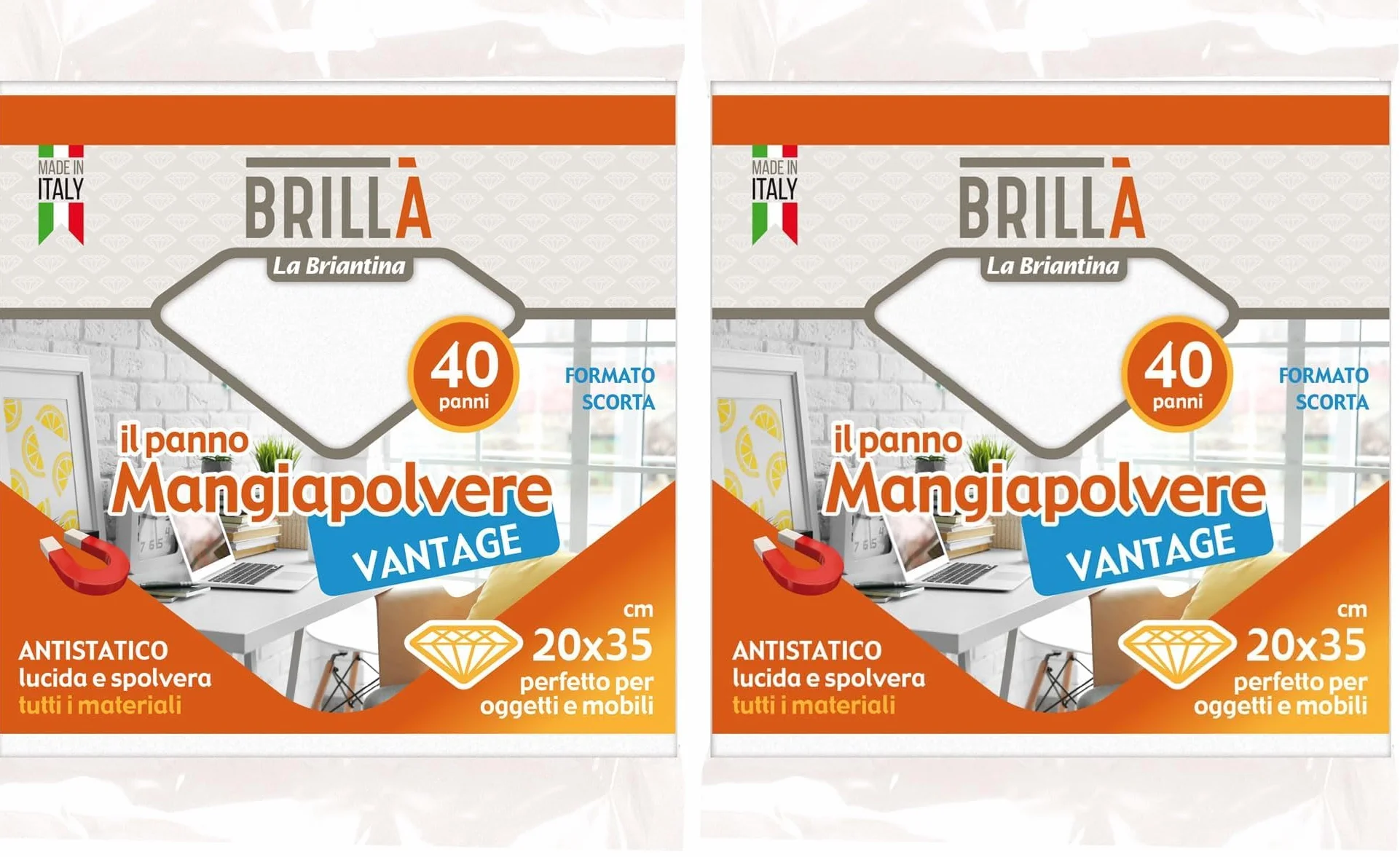 La Briantina Panni Mangiapolvere Vantage - 40 Panni Elettrostatici Usa e Getta, 20x35 cm, Morbidi per Superfici Delicate, Poliestere e Viscosa (Confezione da 2)