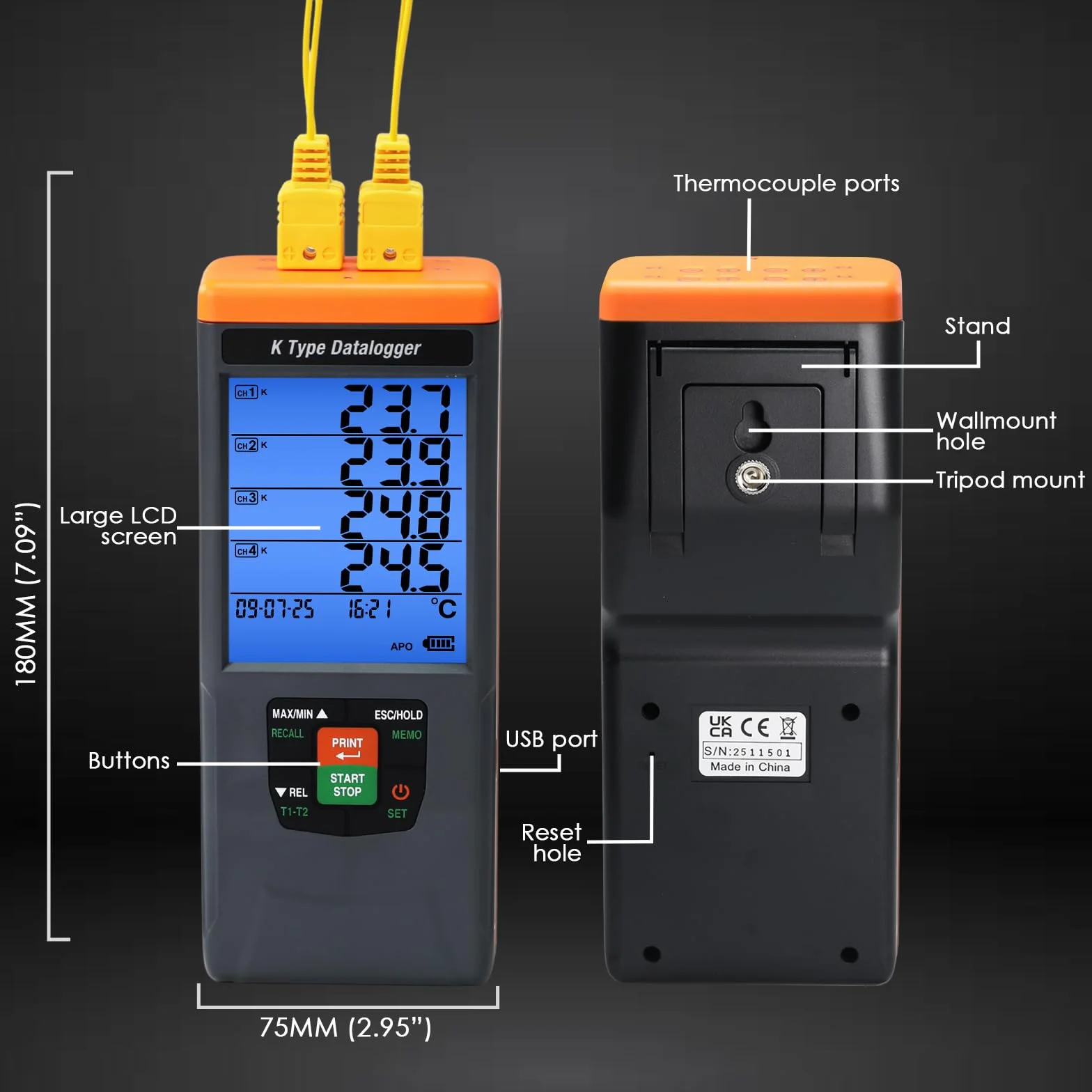 Registratore di Dati di Temperatura 4 Canali Tipo K 328~2498℉ (-200~1370℃) Allarmi Acustici Visivi GLP 48K Record Montaggio Parete Tavolo HVAC Laboratorio
