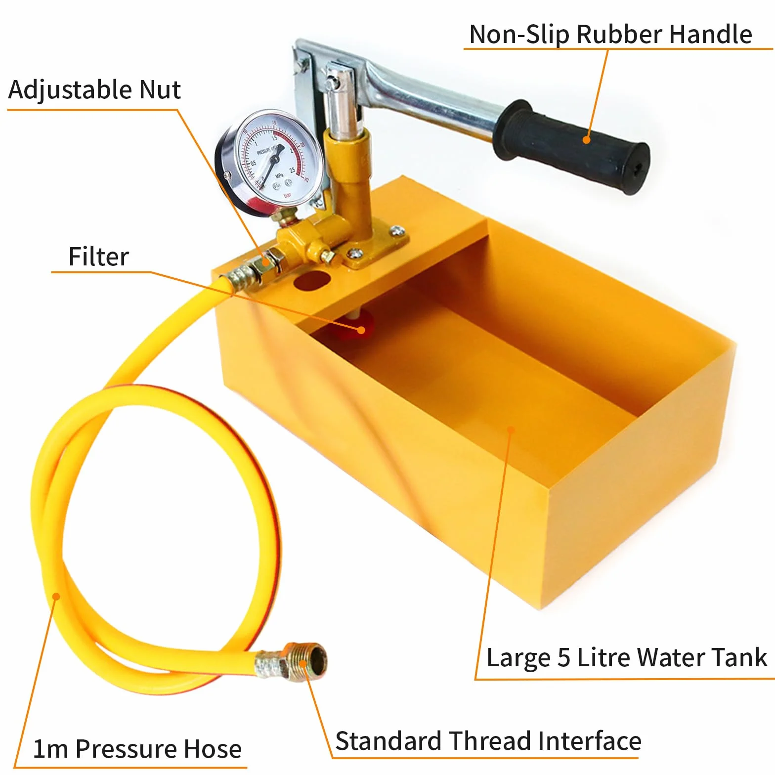 5 Litri 0-25 Bar Pompa Prova Pressione Manuale con Tubo Metro 1, 25KG Strumento Testaggio Idraulica per Tubazioni, Tester Pressione Acqua per Recipienti Pressione, Via Navigabile, Valvole(Giallo)