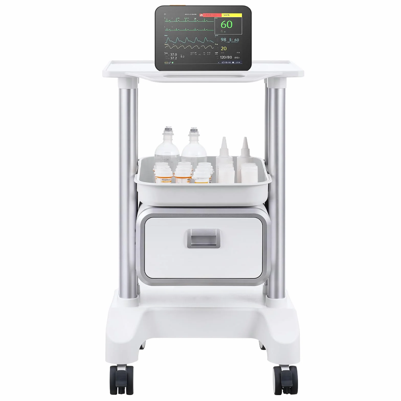 VEVOR Carrello da Laboratorio 2 Ripiani 1 Cassetto 1 Vassoio Superiore 4 Ruote ABS Bianco