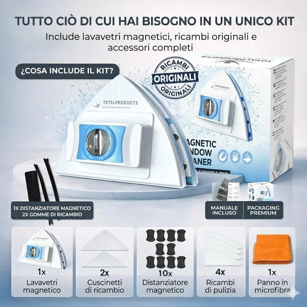 Lavavetri Magnetico Regolabile 3-30 mm, Pulitore Vetri Doppia Faccia, Corda di Sicurezza, Ricambi e Manuale