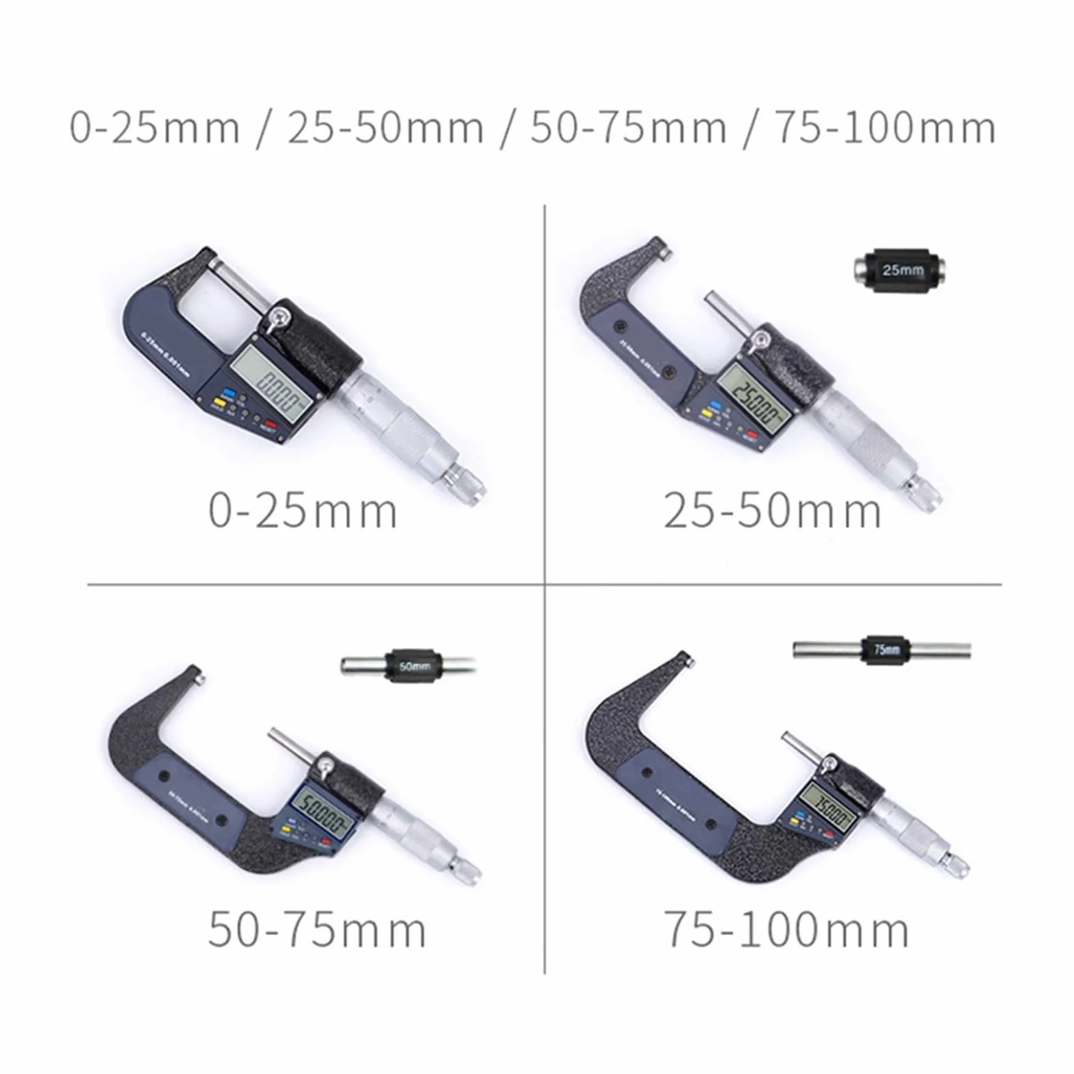 Comparatore, 0-25-50-75-100mm 0,001 mm Micrometro esterno elettronico digitale 0-25 mm con strumenti di misurazione schermo LCD extra large(50-75MM)