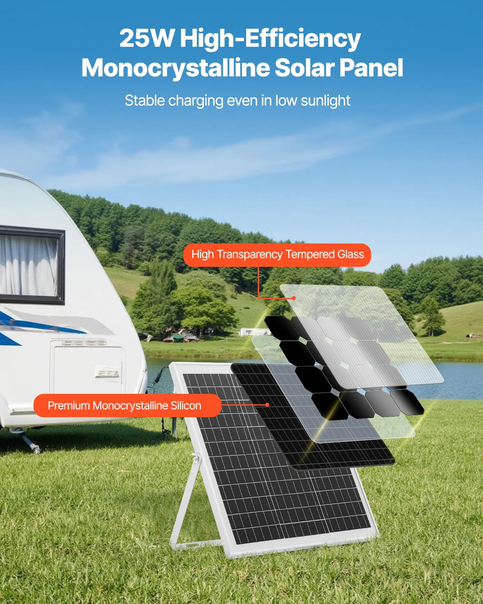 VEVOR Caricabatteria Solare 25 W 12 V, Pannello Solare Monocristallino Regolatore MPPT da Esterno, Staffa di Montaggio Regolabile, Impermeabile IP67, Kit Caricabatteria Solare per Auto Barche Camper