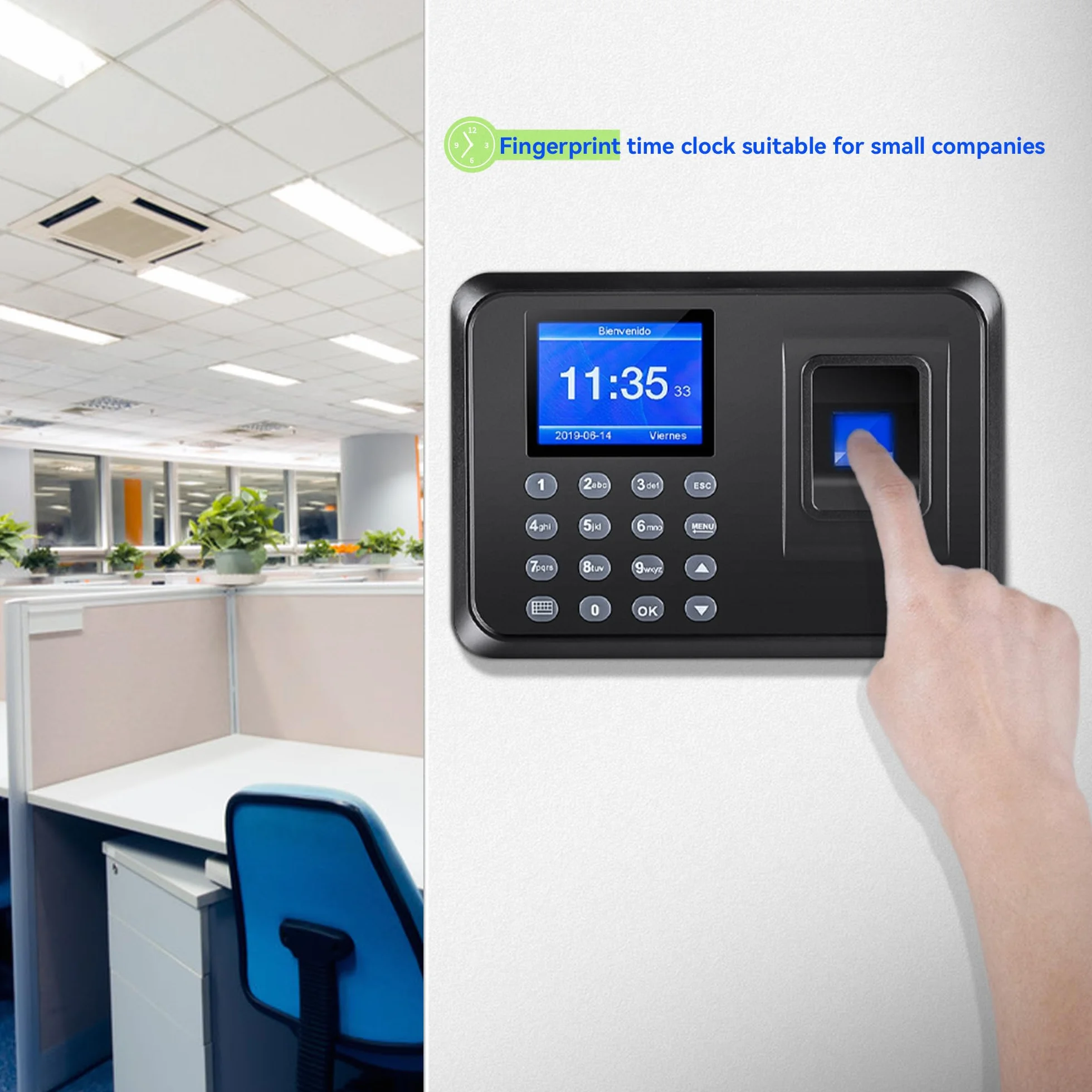 Orologi con impronte digitali per dipendenti, orologio per piccole imprese, calcola automaticamente l'orario di lavoro e detrarre l'ora di pranzo, protezione da pugno e spegnimento con unità USB 8G (0
