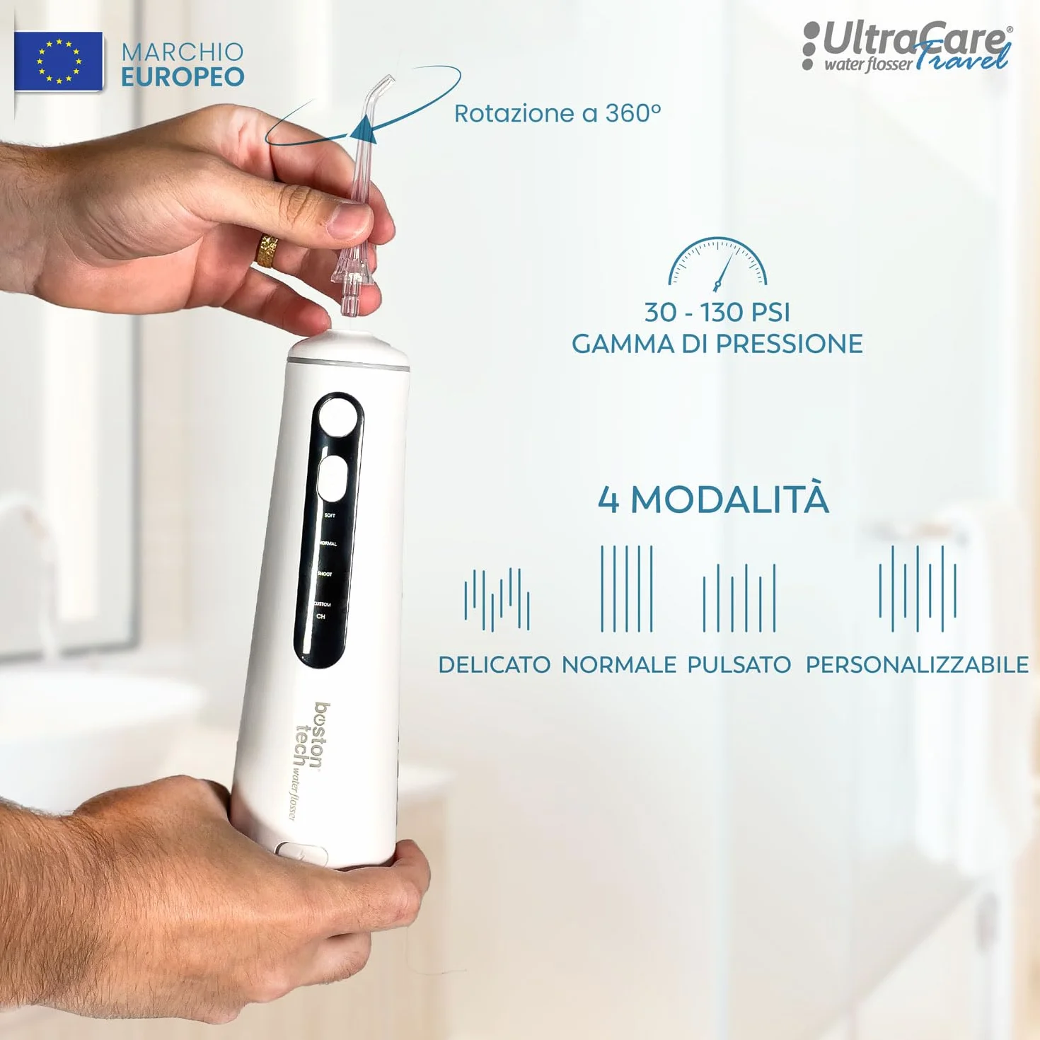 Idropulsore orale portatile UltraCare, professionale senza fili, impermeabile IPX7, 300 ml, ricaricabile USB-C