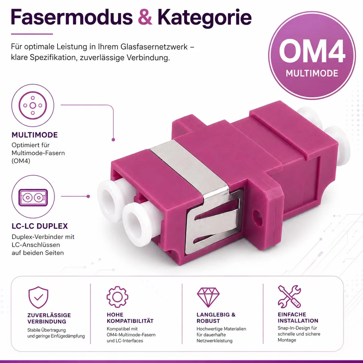3 connettori Keystone fibra ottica OM4 LC Duplex femmina multimodale viola