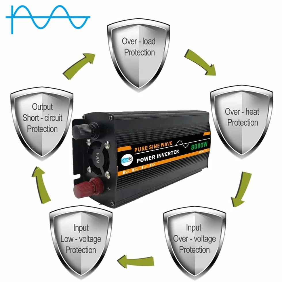 Inverter di potenza a onda sinusoidale pura da 8000 W, CC 12 V o 24 V a CA 220 V, per pannello solare, per casa, attività all'aperto, camper o campeggio (24 V 220 V)