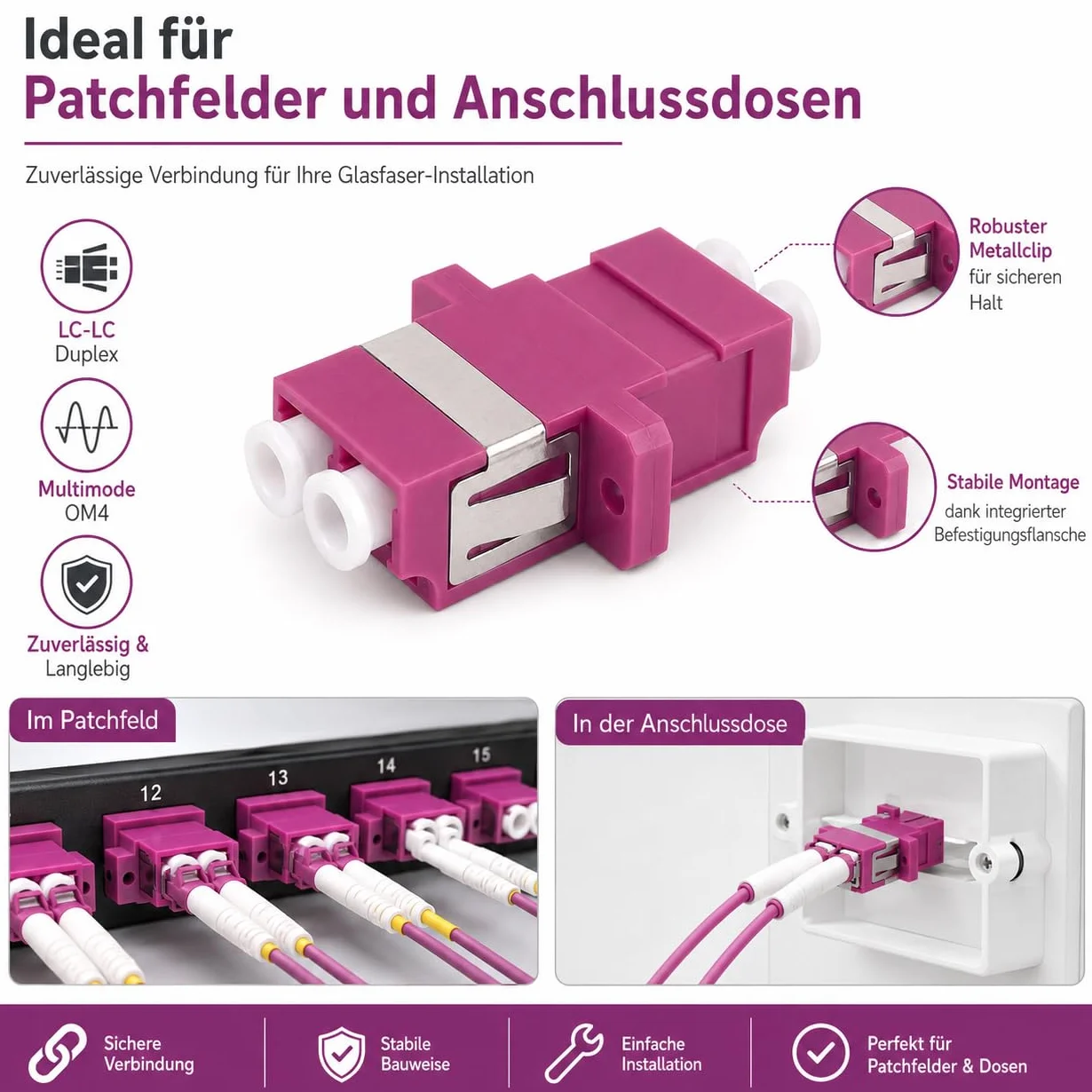 3 connettori Keystone fibra ottica OM4 LC Duplex femmina multimodale viola